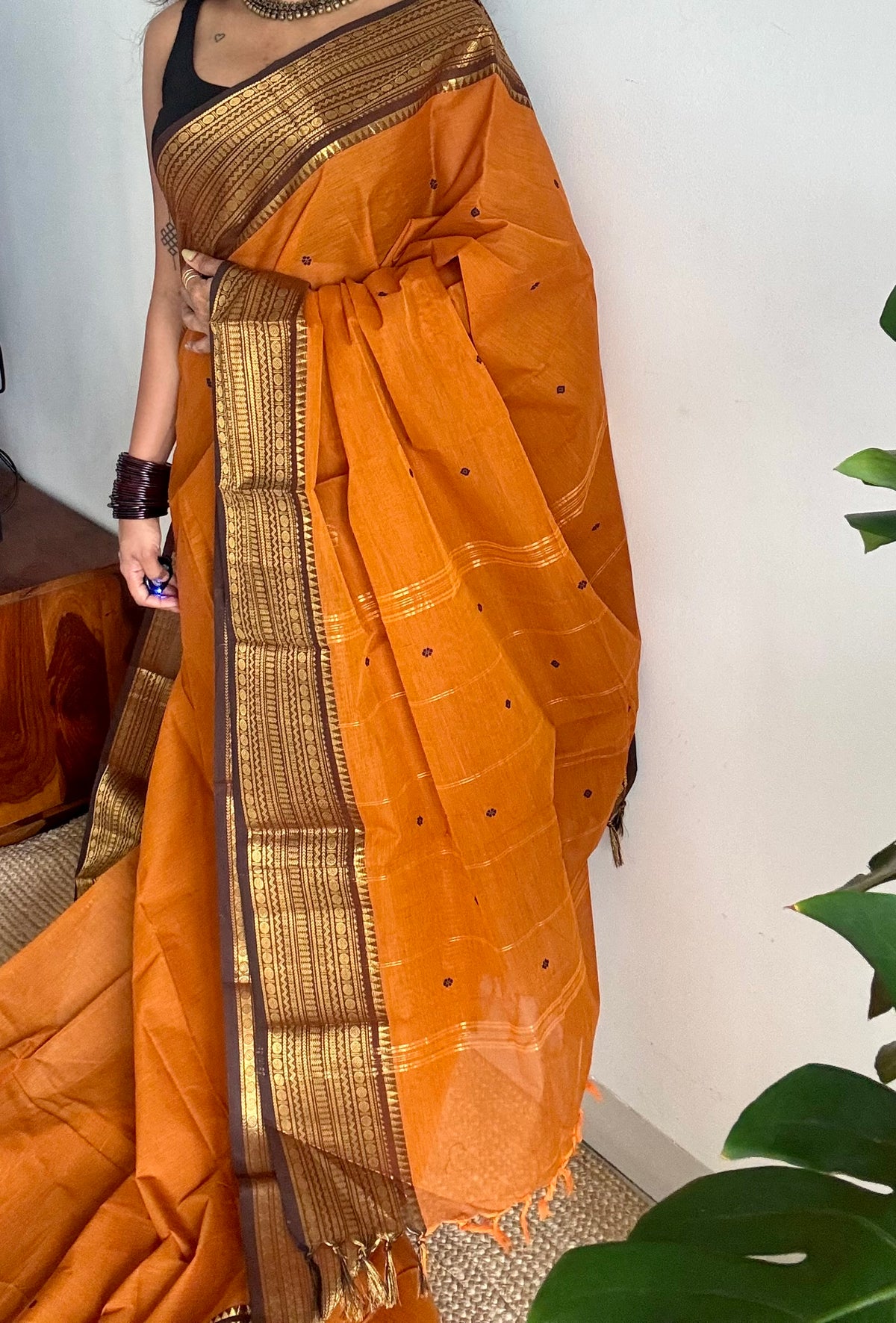 Orange with brown zari border chettinad cotton saree - YCCOTNCKSE16