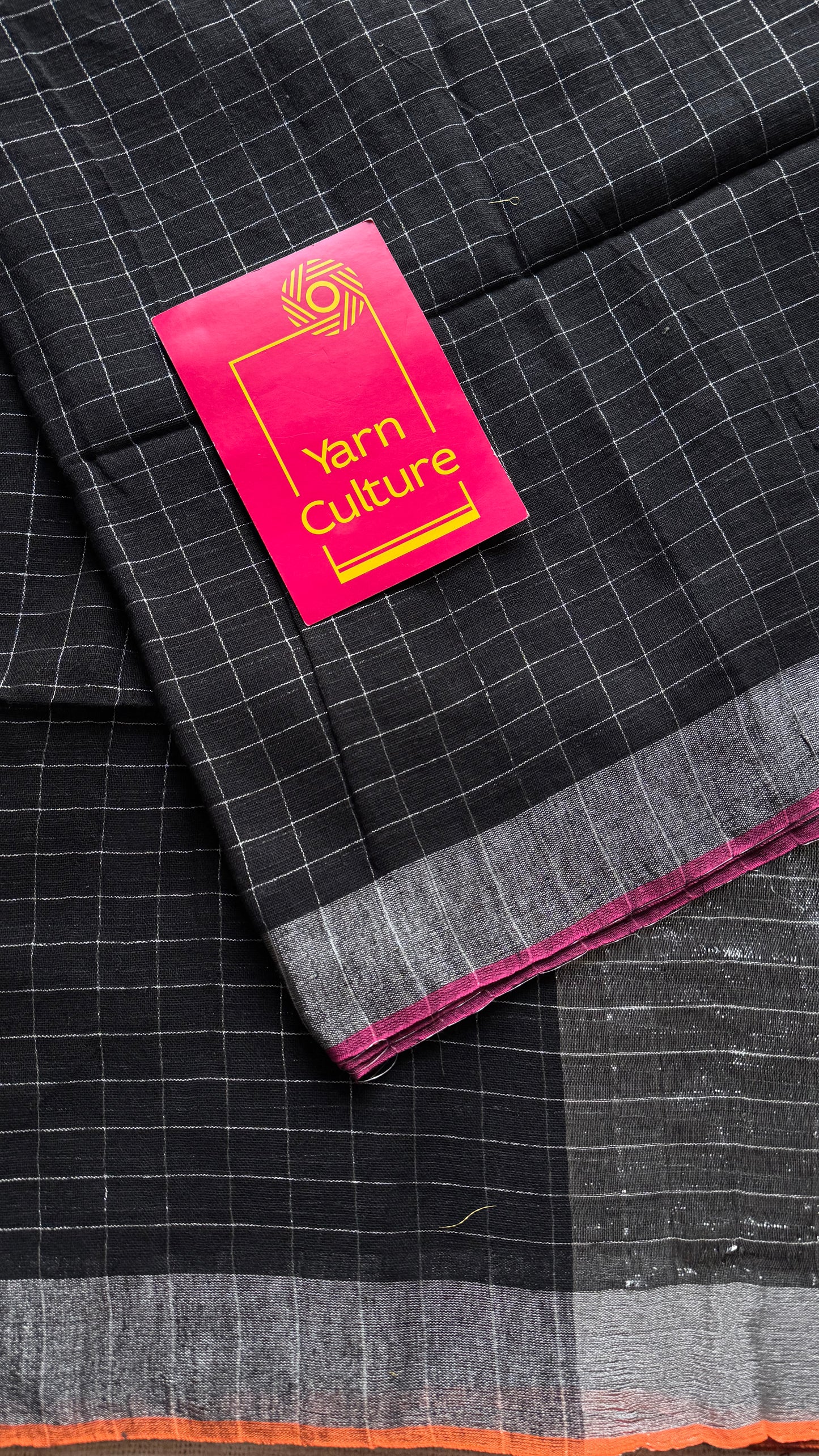 Black linen by cotton saree, silver checks & zari pallu - YCBCLCFE389