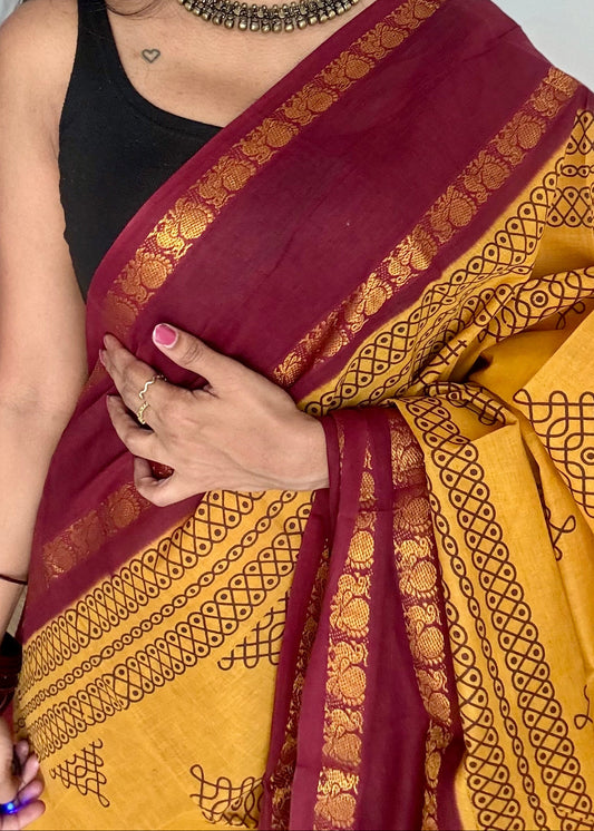 Turmeric yellow with maroon, kolam print, rettaipettu peacock double border, madurai soft cotton - YCCOTNMSAP202