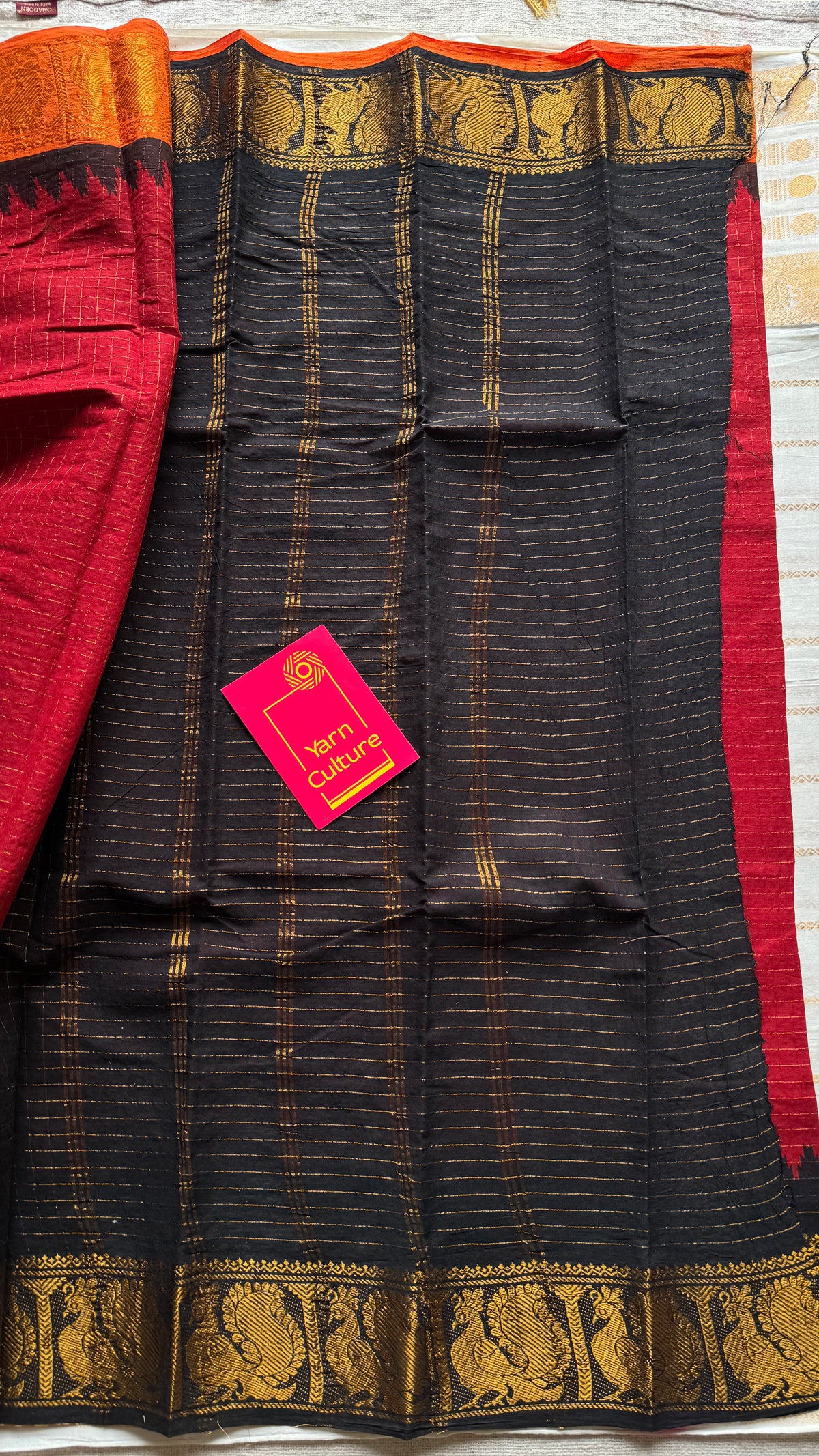 Sungudi cotton checks, red base, orange and black dual tone border, soft cotton - YCCOTNMSSE11