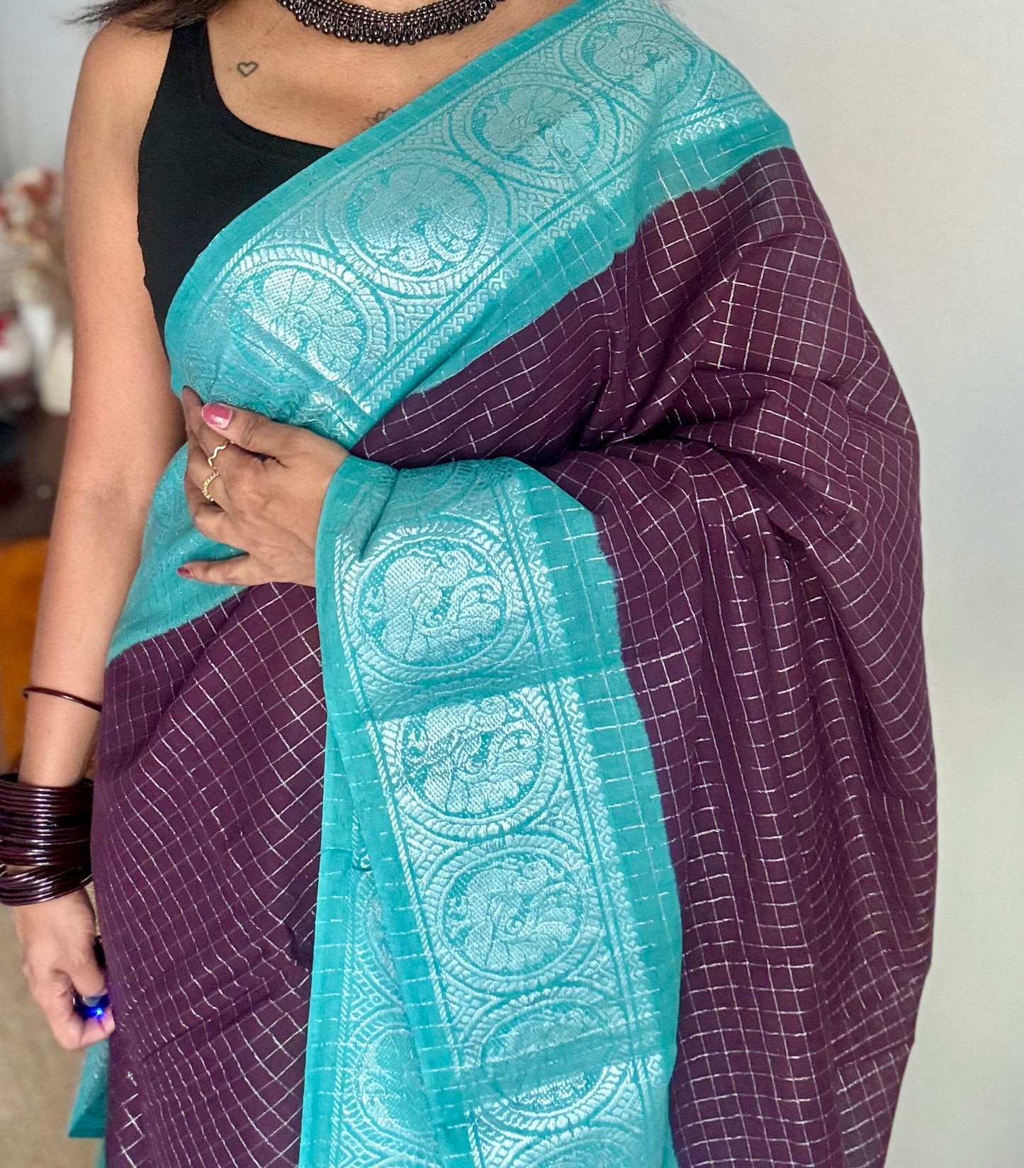Purple brown with turquoise, silver zari checkered sungudi, kattuchayam dyed madurai cotton - YCCOTNMSAP106
