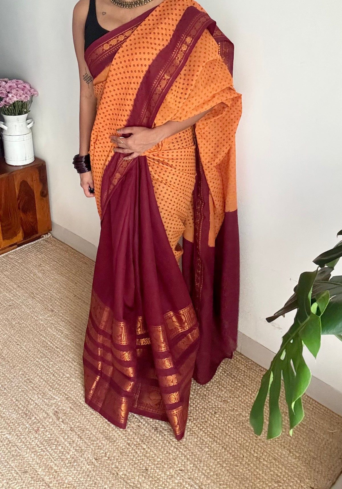 Light orange with maroon, sungudi and chettinad cotton half and half saree - YCCOTNIDOC131