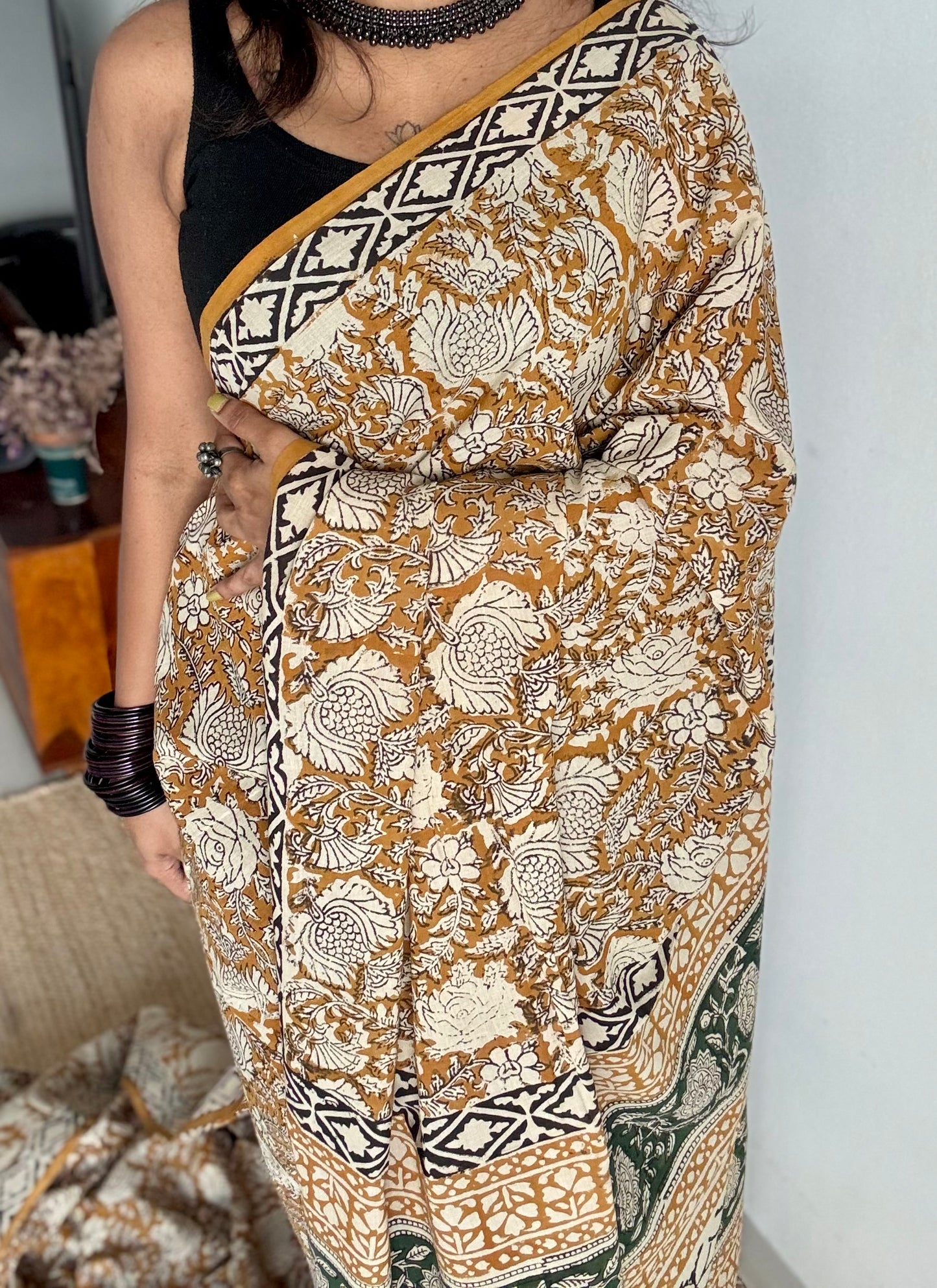 Sunehri - earthy mustard with floral vine motifs, block print, soft cotton - YCWOTDNOBP91