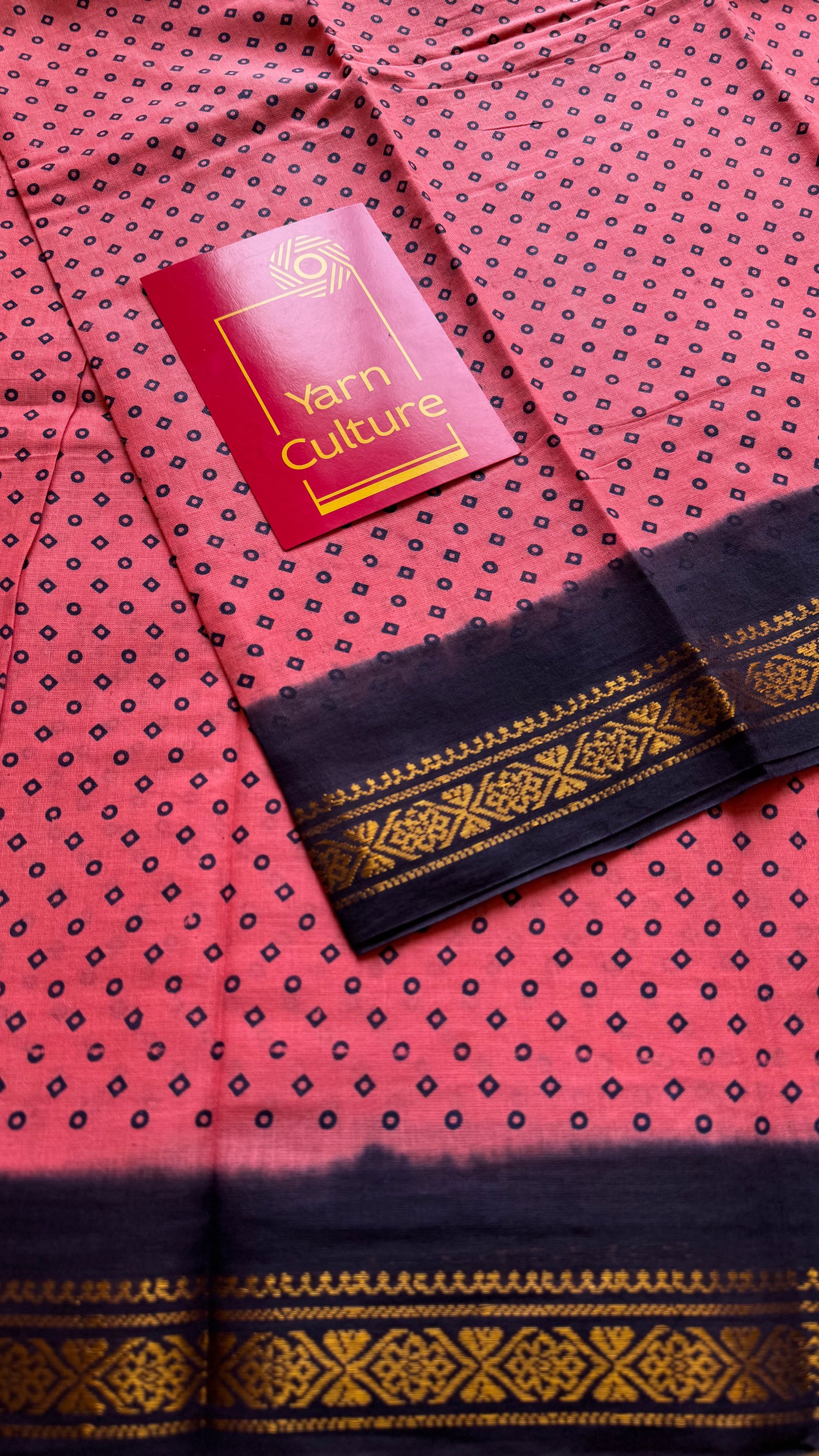 Peach pink with navy blue contrast, kattuchayam dyed madurai cotton saree - YCCOTNMA250