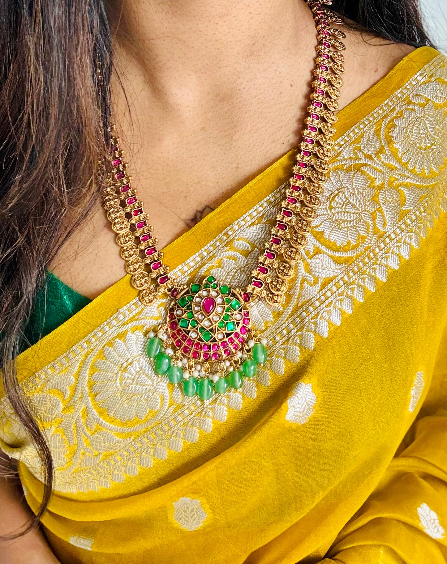 Long haram ruby, green stones and beads, coin pendants, with earrings - YCGPNP682