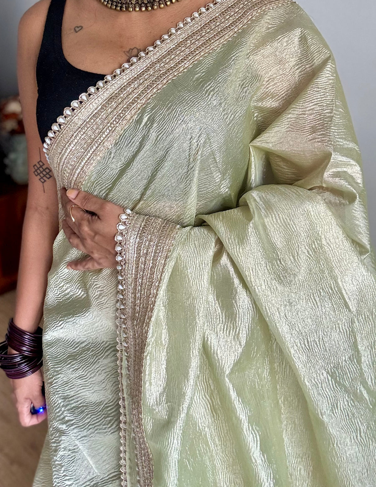 Pastel pista green crushed Banarasi tissue saree, with pearl lace border - YCBLTOC64
