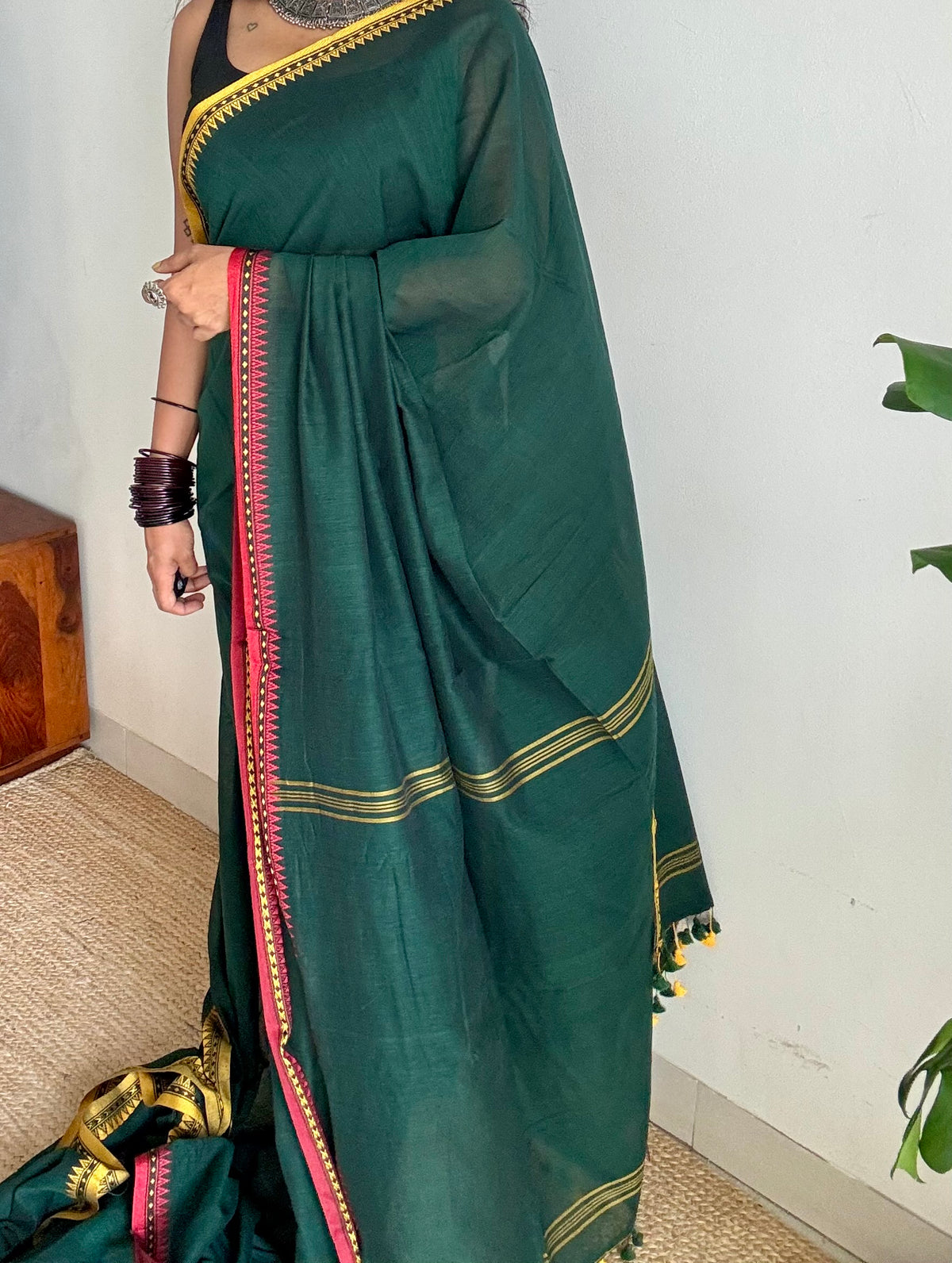 Handloom Bengal soft cotton saree, dark green with yellow and red woven dual tone borders - YCBCMCSE41
