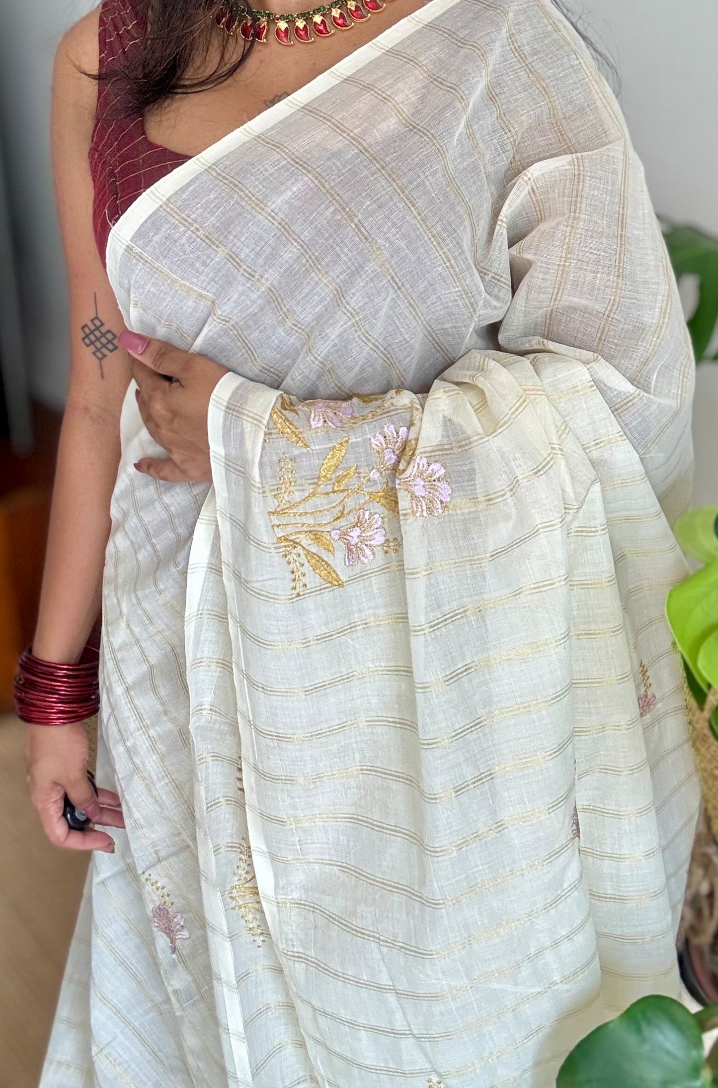 Ivory and gold soft cotton saree, lavender floral embroidery  - YCIEON53