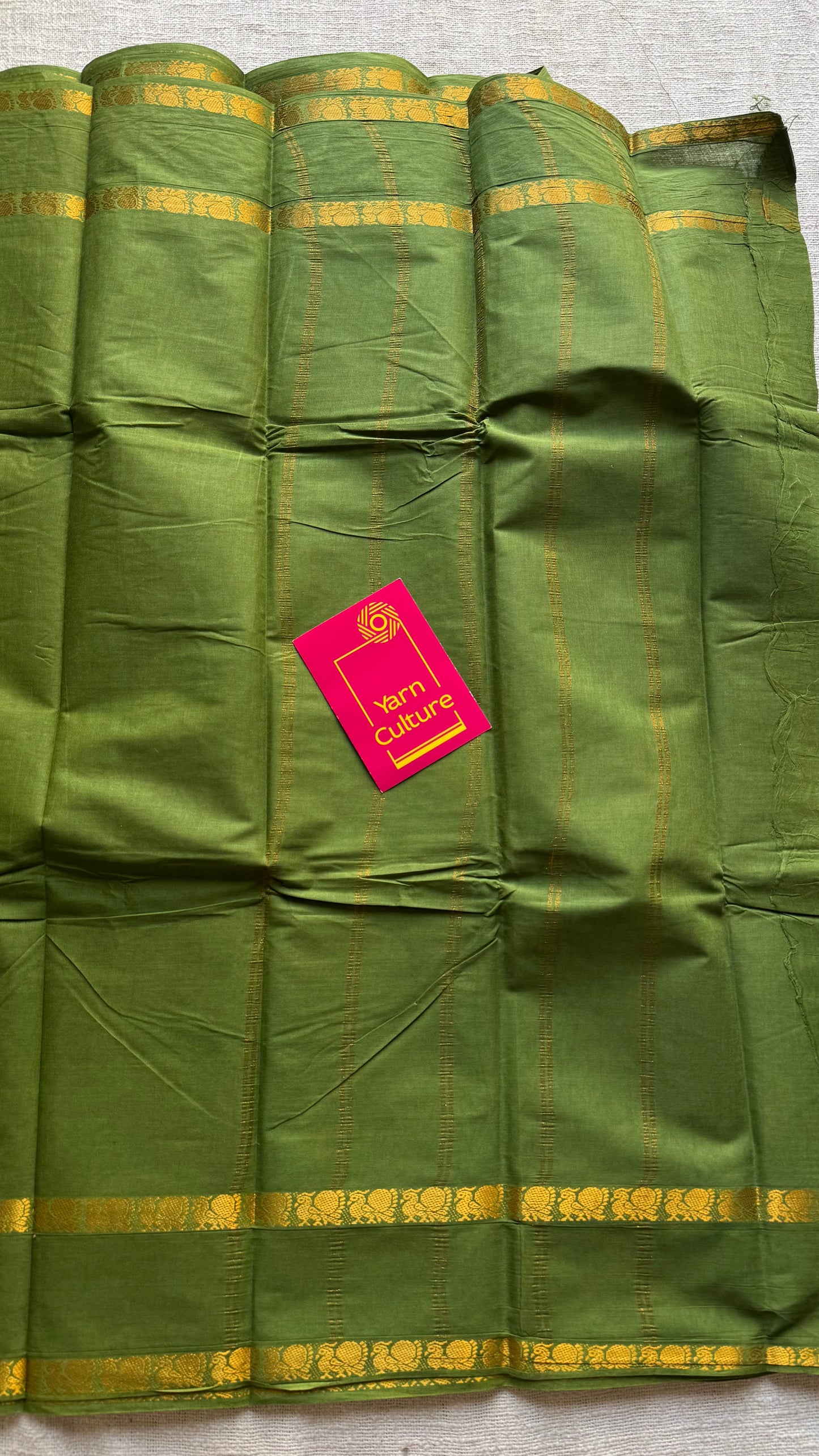 Olive green rettaipettu peacock double bordered, kattuchayam dyed madurai cotton saree - YCCOTNMSFE271