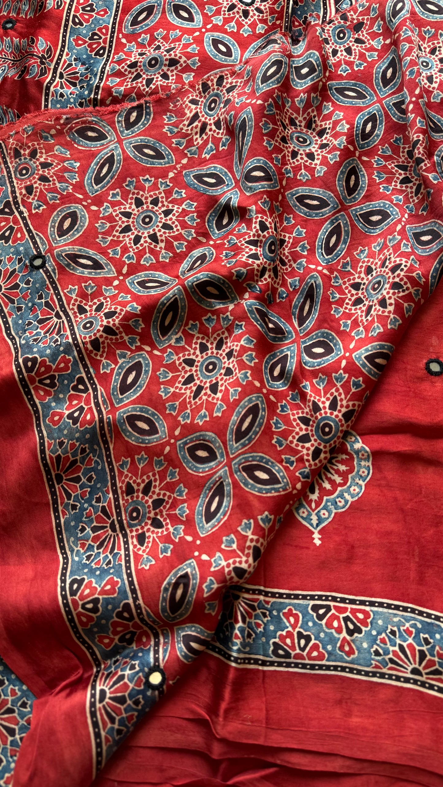 Red pure modal silk saree with ajrakh handblock print and mirror work - YCTOKAJM338