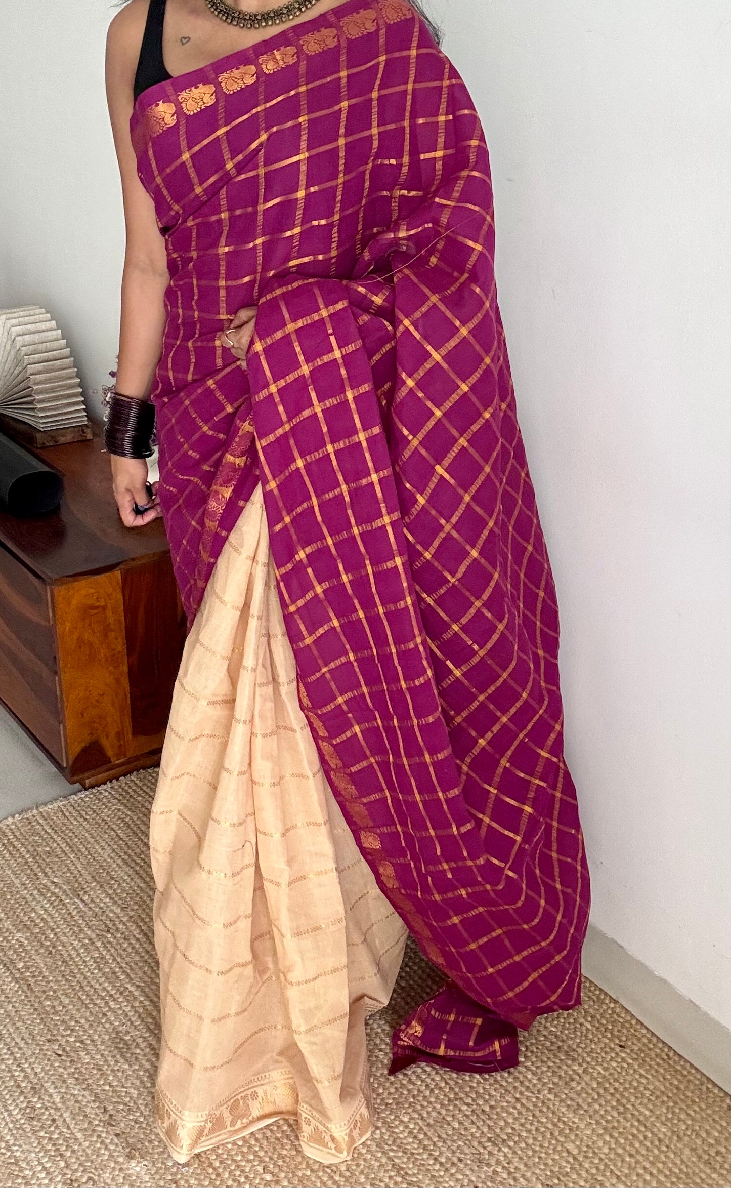 Vadamalli with cream, sungudi cotton half-half saree - YCCOTNIDMA285