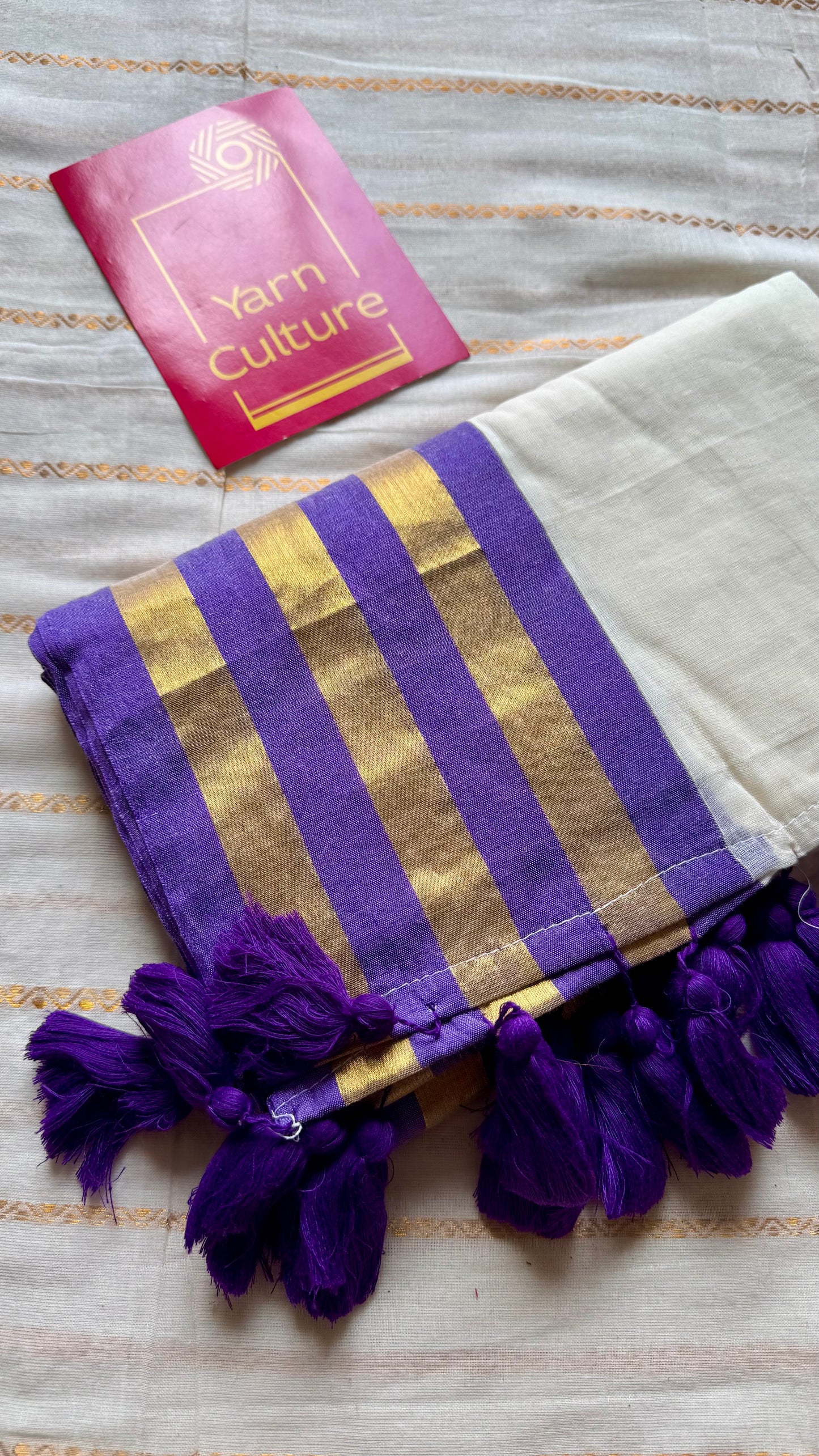 Ivory mul saree, purple striped border - YCIEON40
