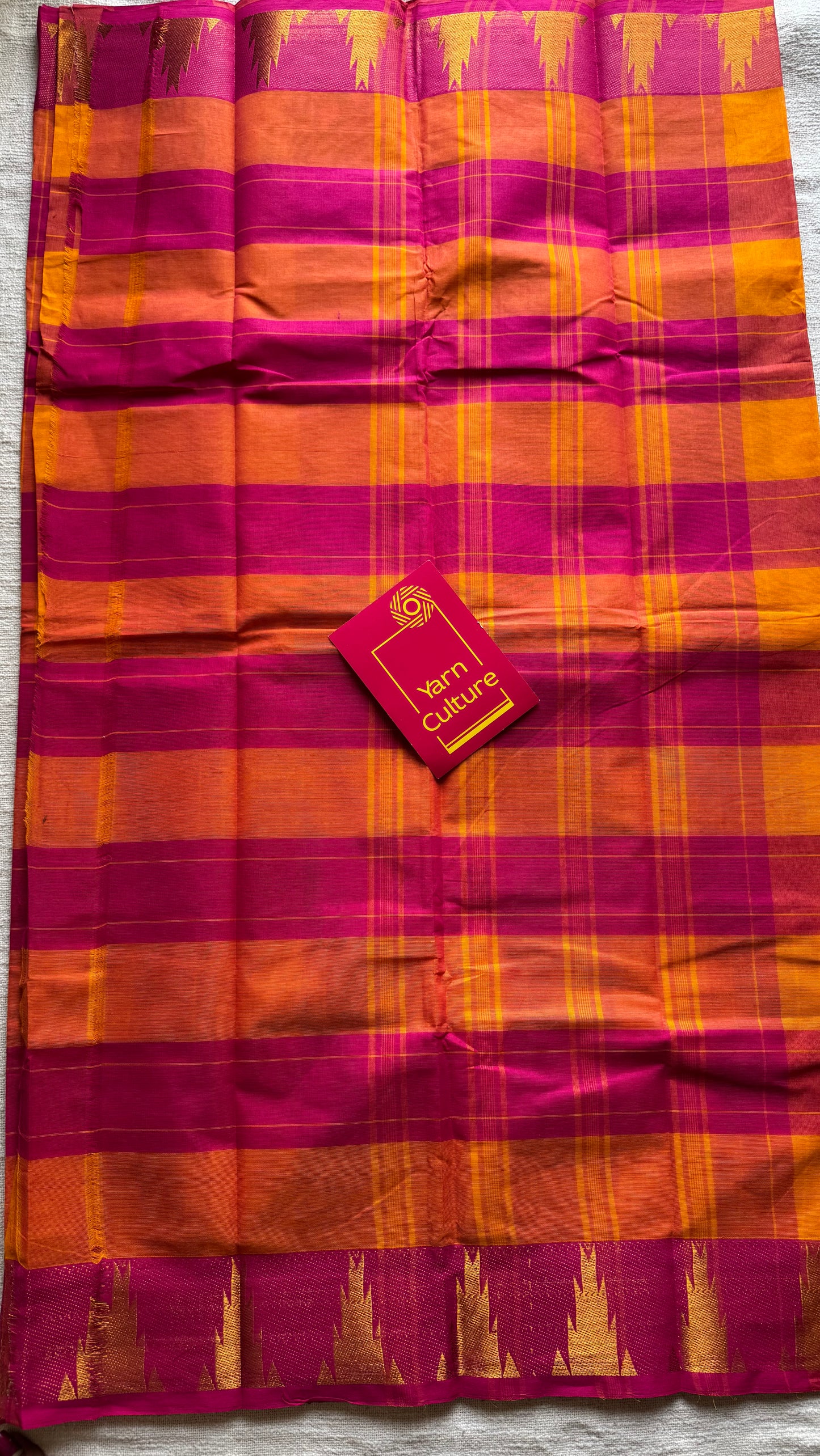 Chettinad cotton saree with yellow and pink checks, temple motif border - YCCOTNAP59