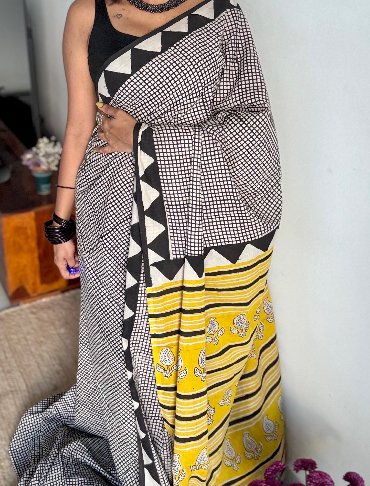 Black and white checks, block print, soft cotton - YCTORNOBP97