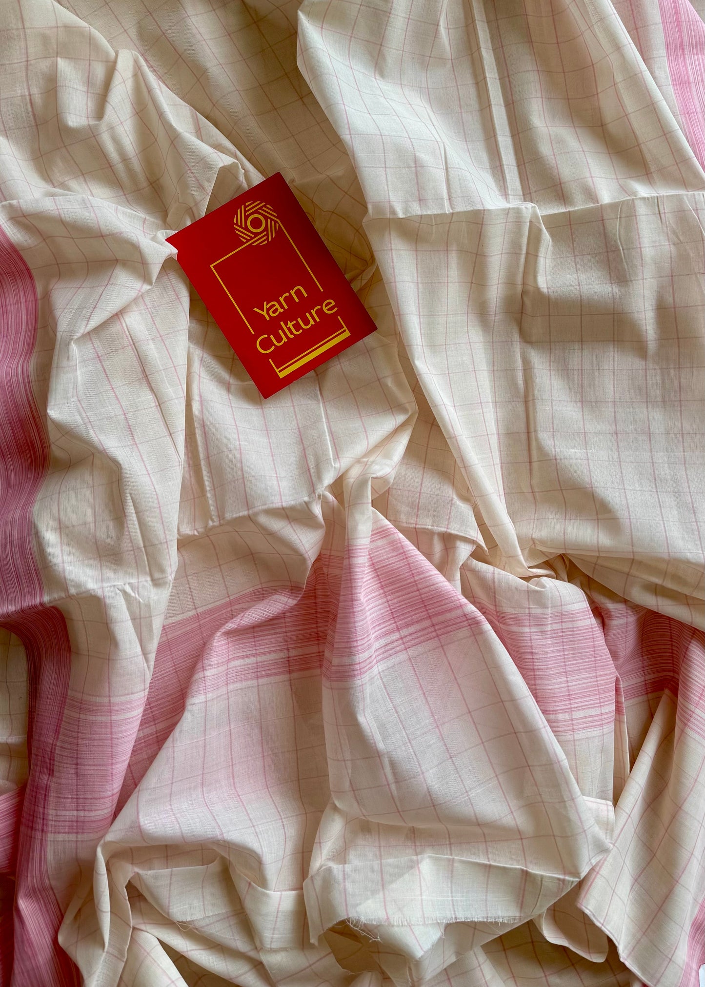 Handloom, woven in Chendamangalam Looms, ivory with pink checks, soft cotton saree - YCIEON150