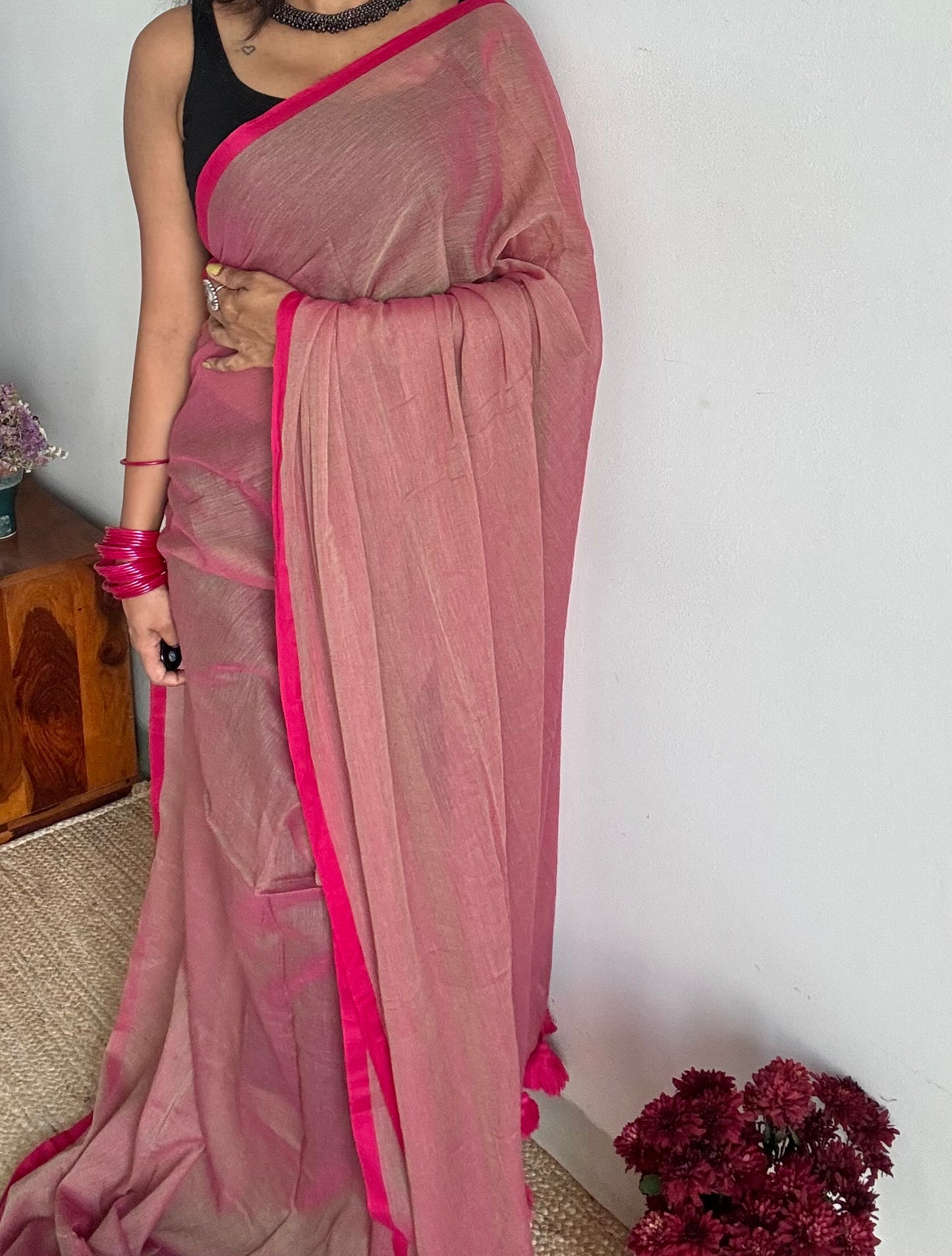 Mauve with pinkish red border mul cotton saree - YCBCMCFE229