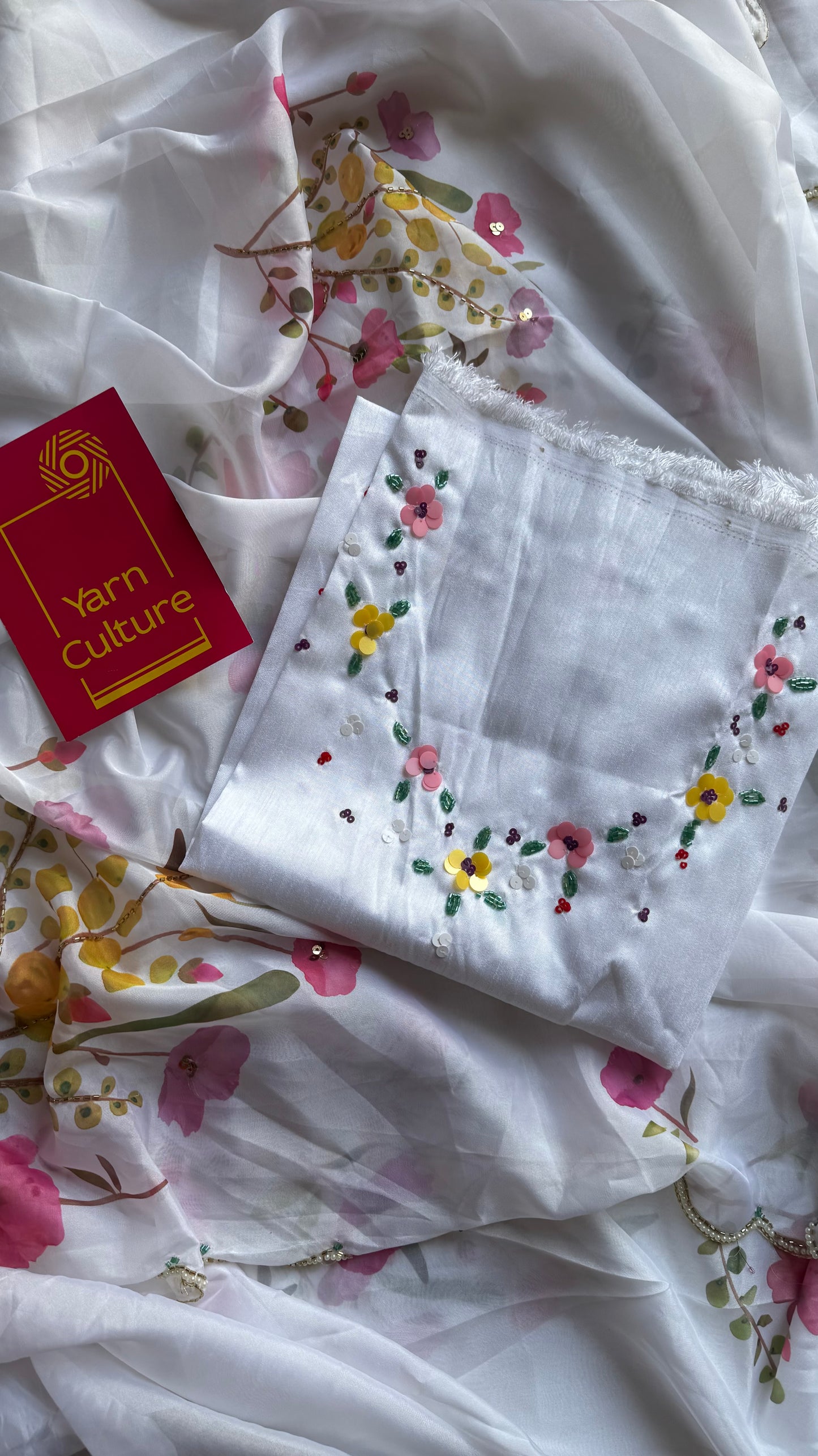 Snow Blossom - white floral handworked sequins work, tabby silk - YCDOSNO51