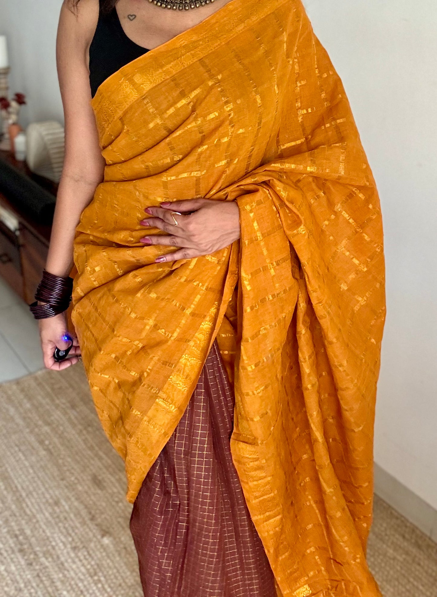 Turmeric yellow with brown, sungudi cotton half-half saree - YCCOTNIDMA314