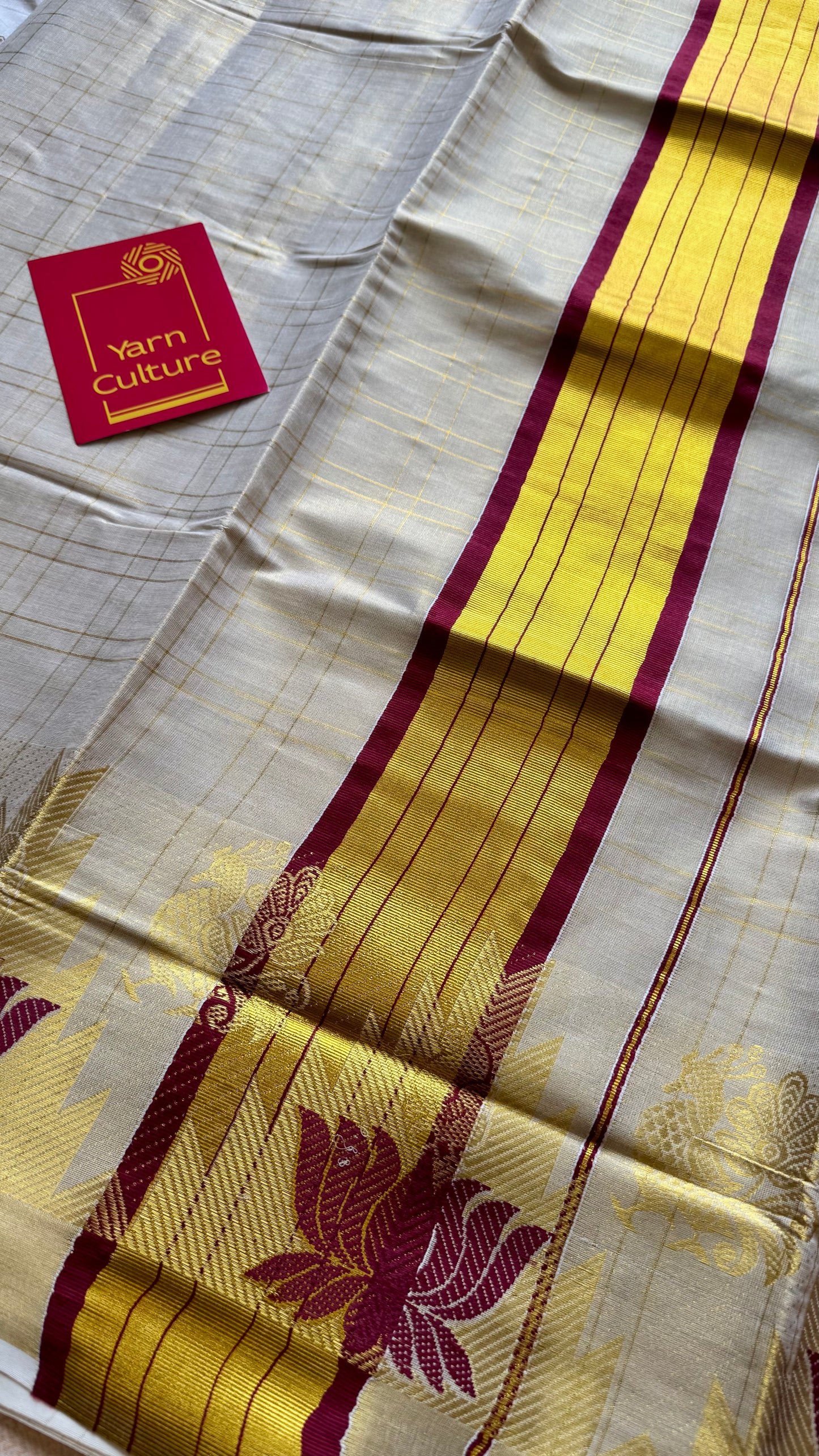 Ivory and gold kerala kasavu saree, maroon lotus motif border - YCIEON48