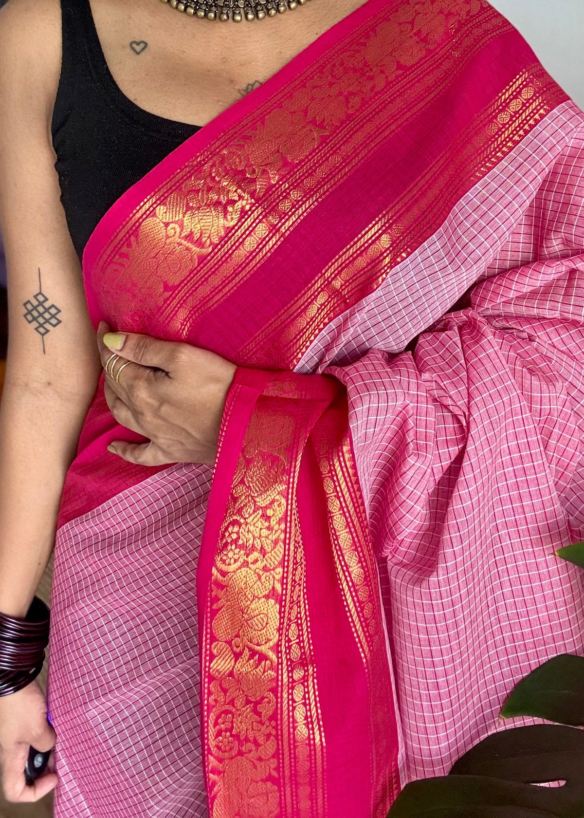 Pink checks with hot pink zari border kanchi cotton saree - YCCOTNCKSE21