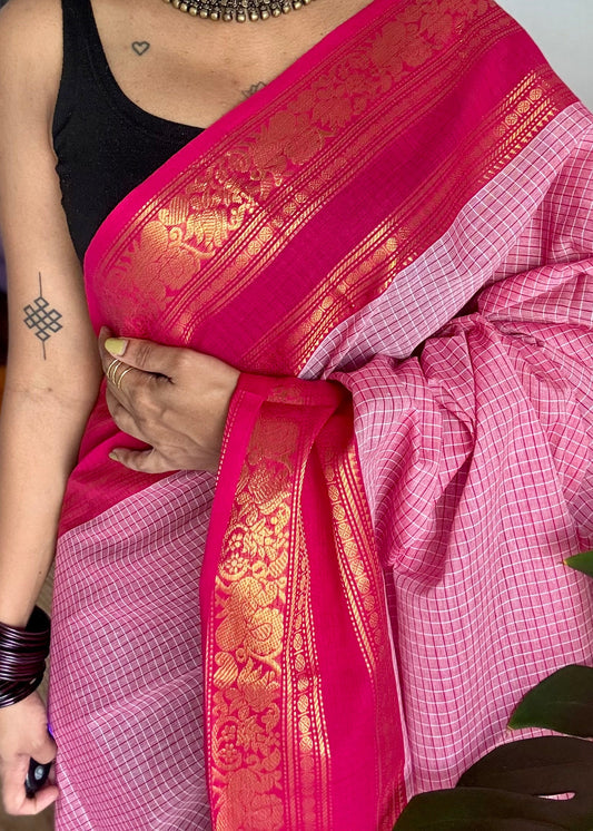 Pink checks with hot pink zari border kanchi cotton saree - YCCOTNCKSE21