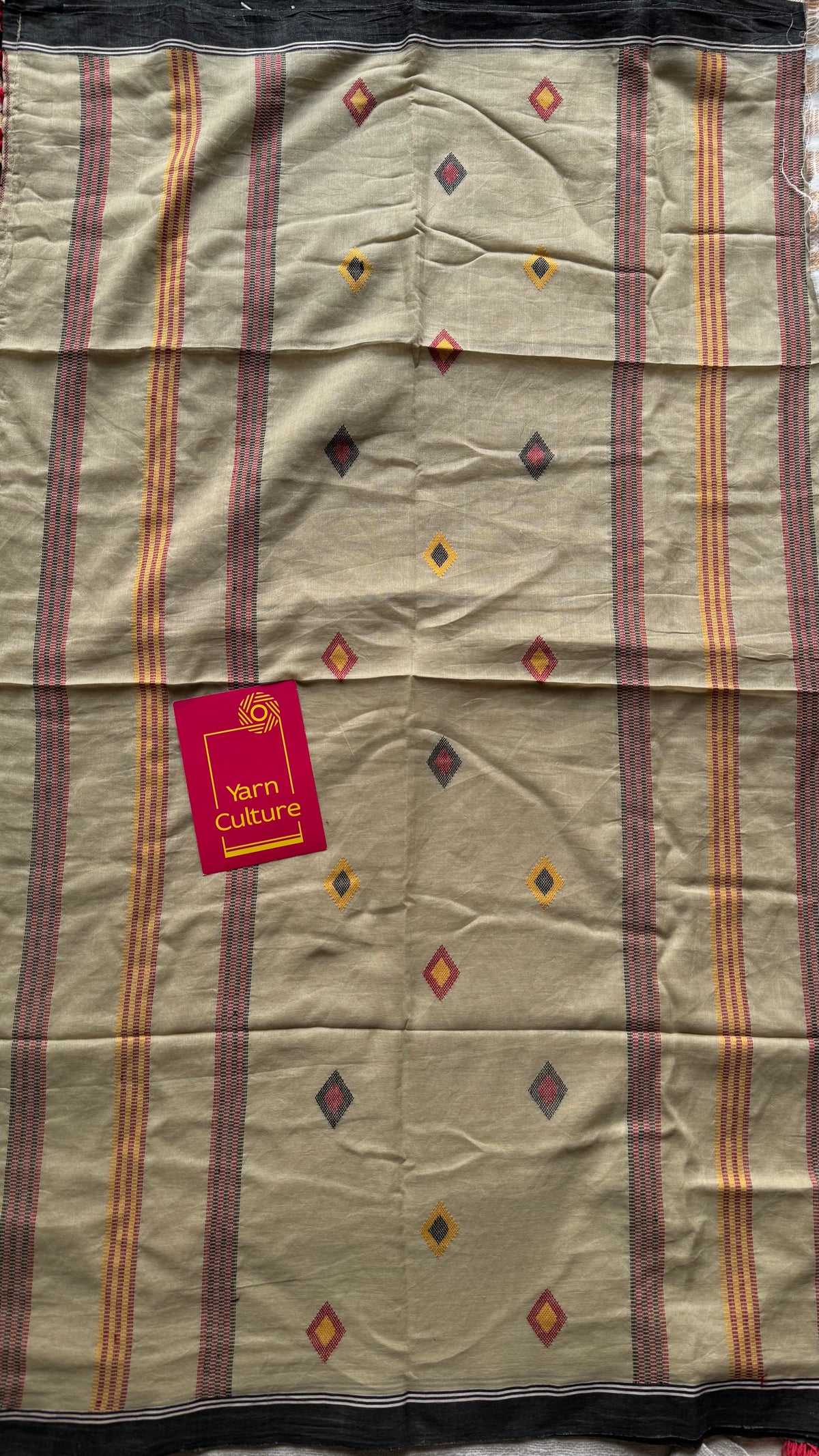 Handloom Bengal soft cotton saree, beige with woven buttas and black borders - YCBCMCSE39