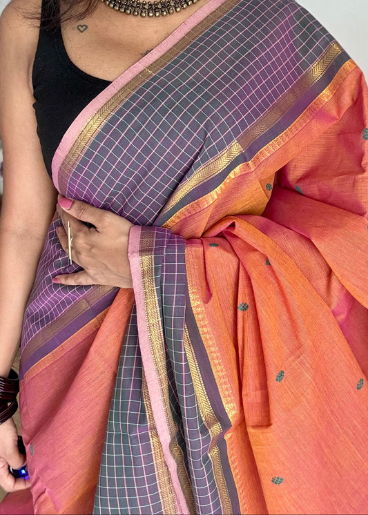 Orange pink dual tone and dark greyish blue contrast, Chettinad cotton saree with checkered border - YCCOTNMA273