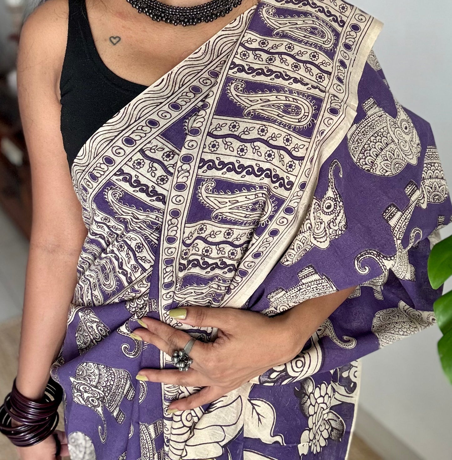 Purple kalamkari saree, elephant motifs, soft cotton - YCWOTDMA351