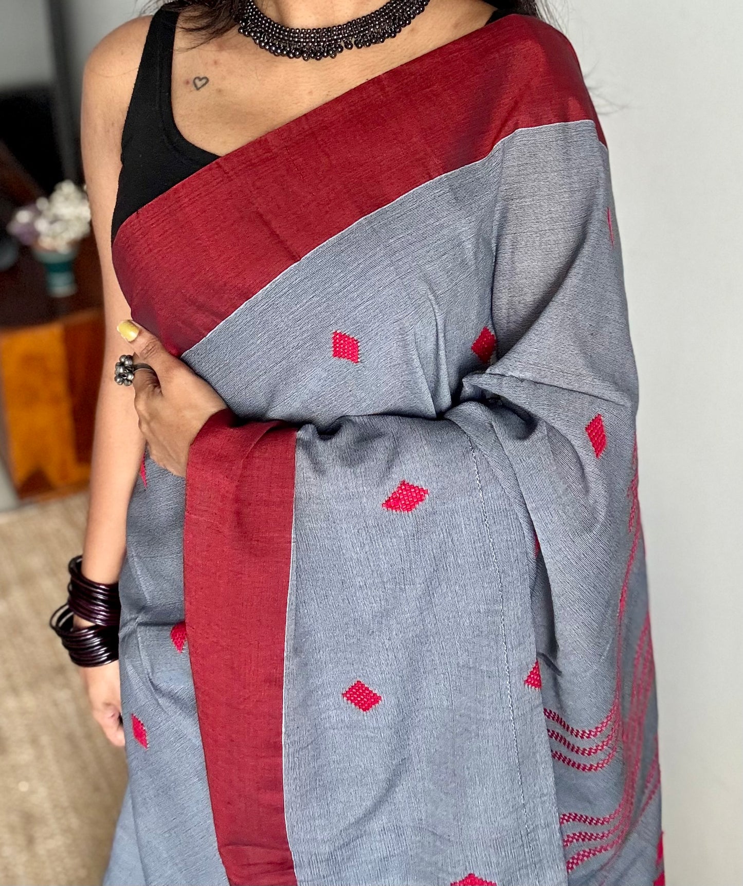 Grey with maroon, soft khadi cotton with woven motifs - YCBCKCDE24