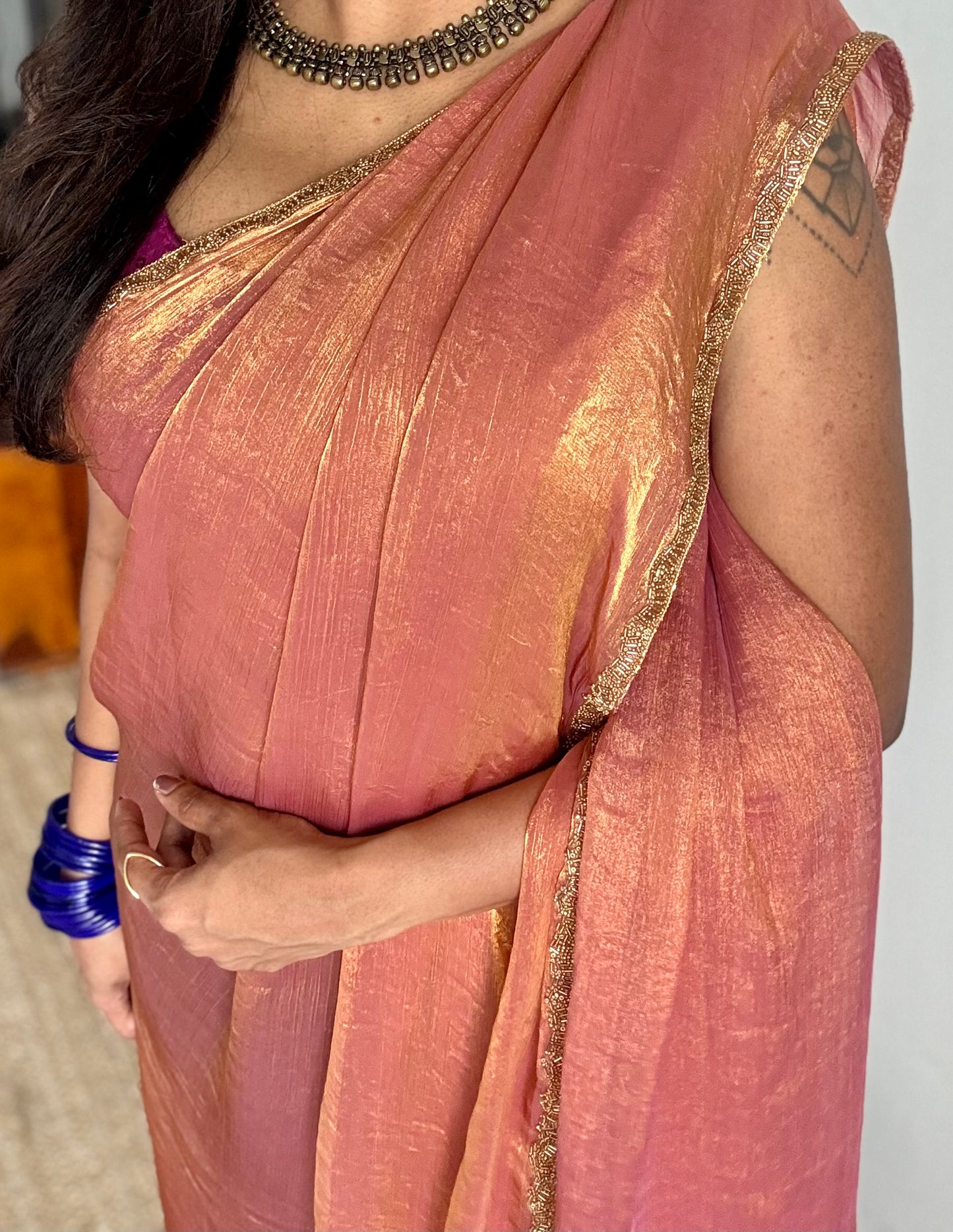 Sunset Burst - pink orange hues, metallic dual tone space silk, embellished border - YCDOSDE58