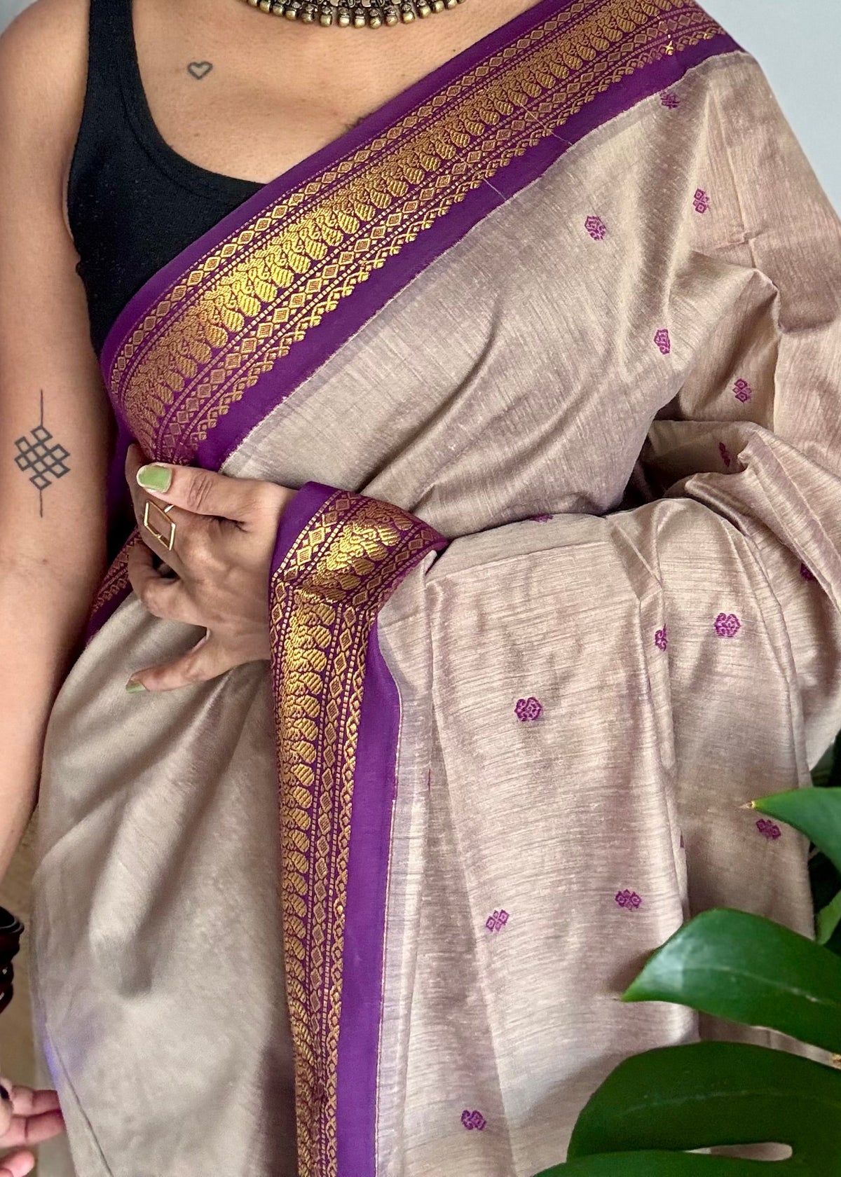 Warm grey with purple, cotton silk saree with zari border - YCCOTNKCOC107