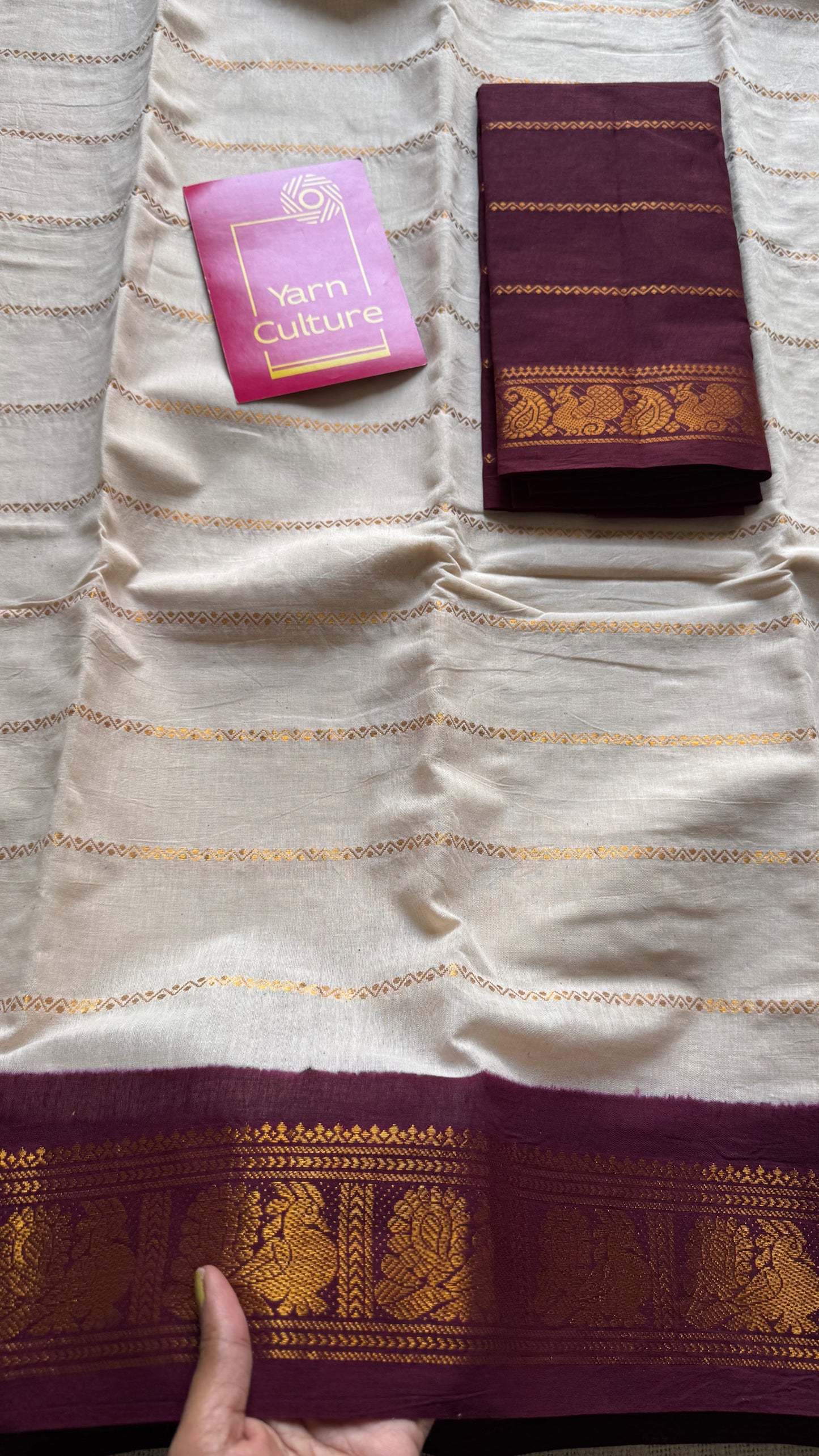 Cream velthaari patterned kattuchayam dyed madurai cotton saree with maroon peacock border - YCCOTNMSFE276