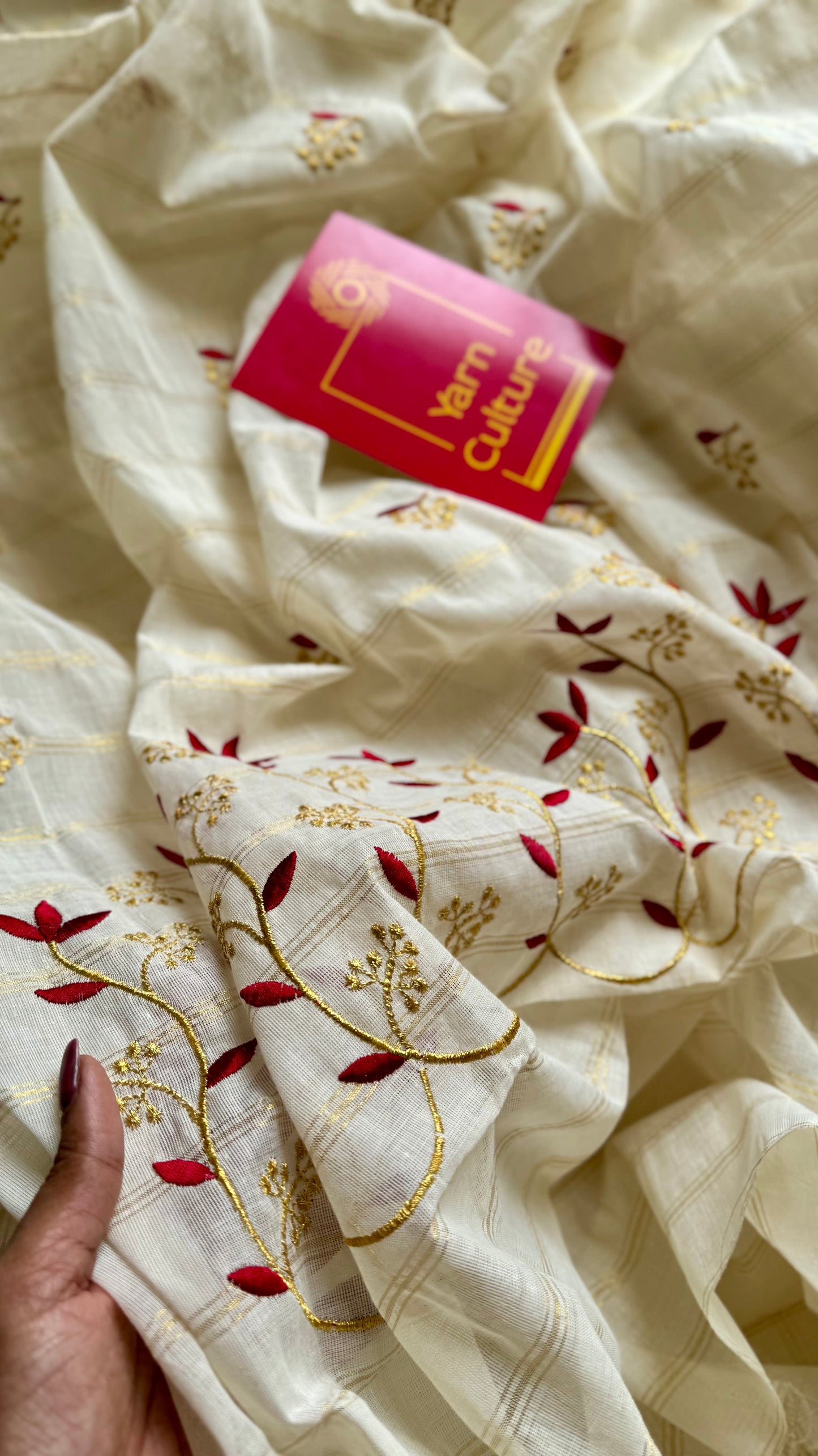 Ivory and gold soft cotton saree, maroon floral vine embroidery  - YCIEON58