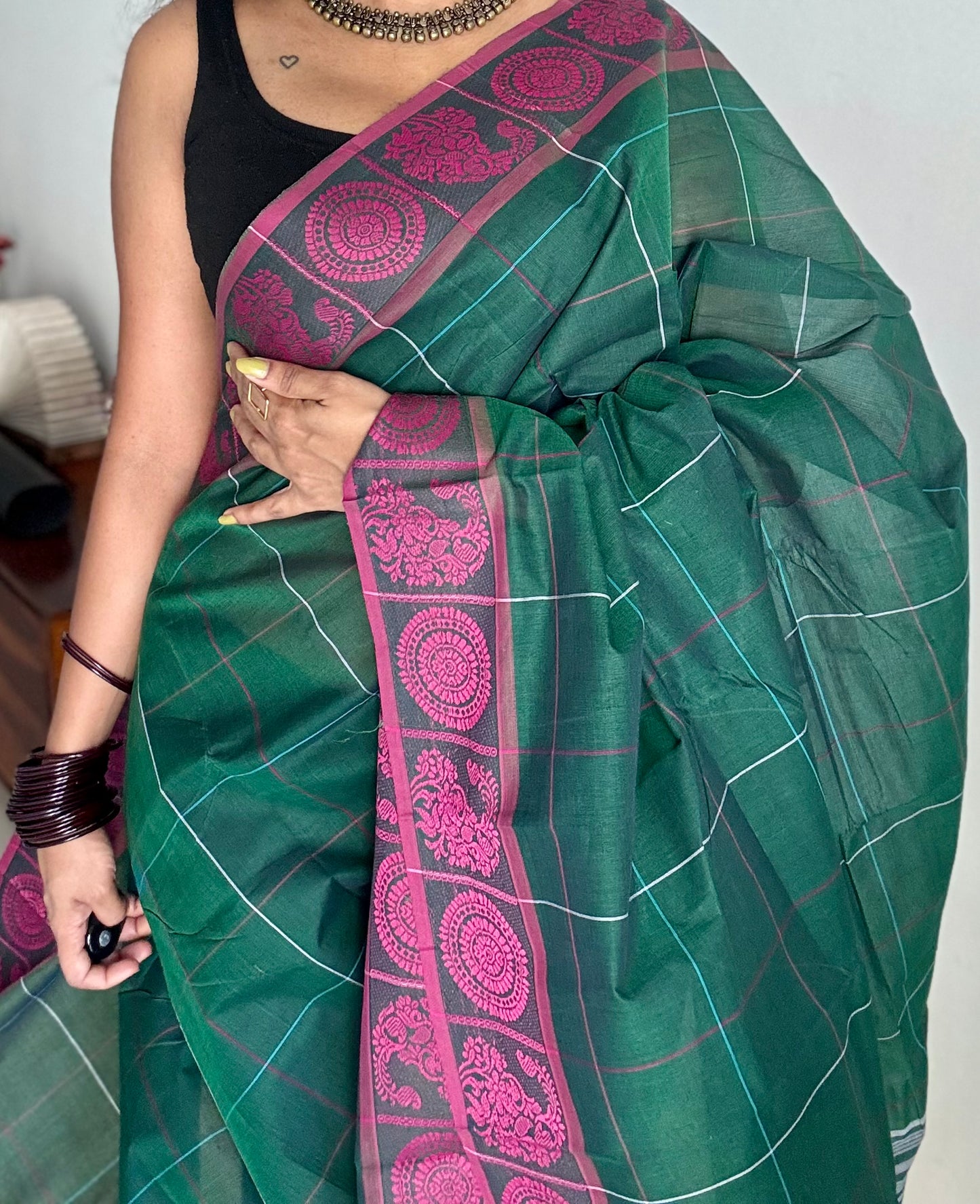 Chettinad cotton saree in dark green with pink checks, thread motif border - YCCOTNJUCC05