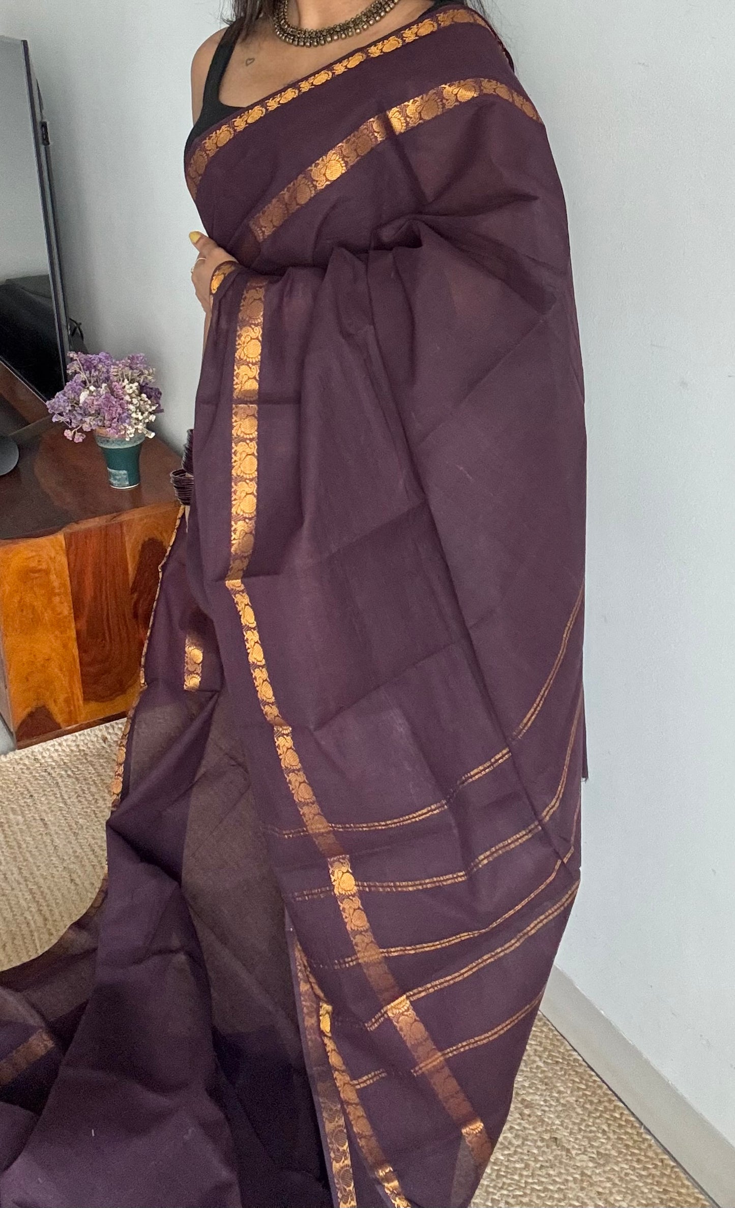 Brown rettaipettu peacock double bordered, kattuchayam dyed madurai cotton saree  - YCCOTNMSFE328