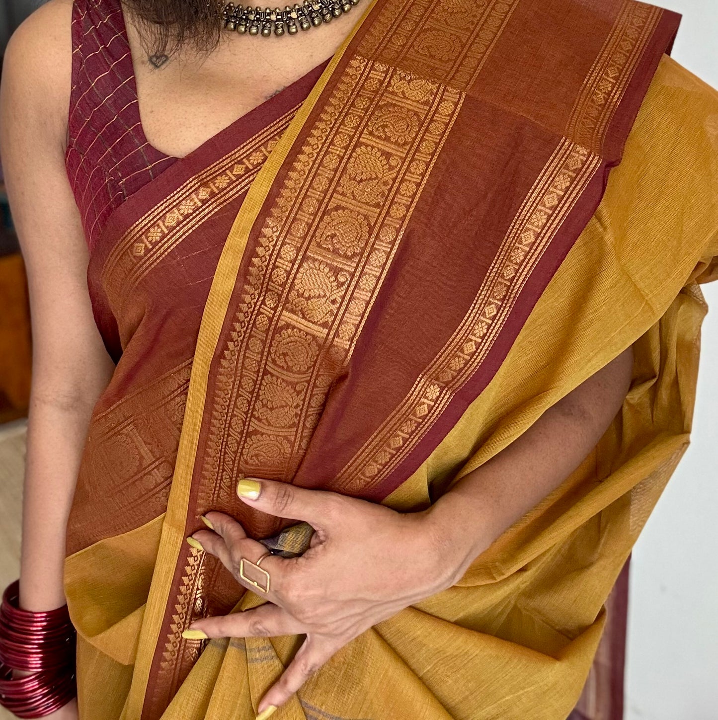 Ginger yellow with brown Chettinad cotton saree with rettaipettu peacock border - YCCOTNCCFE158