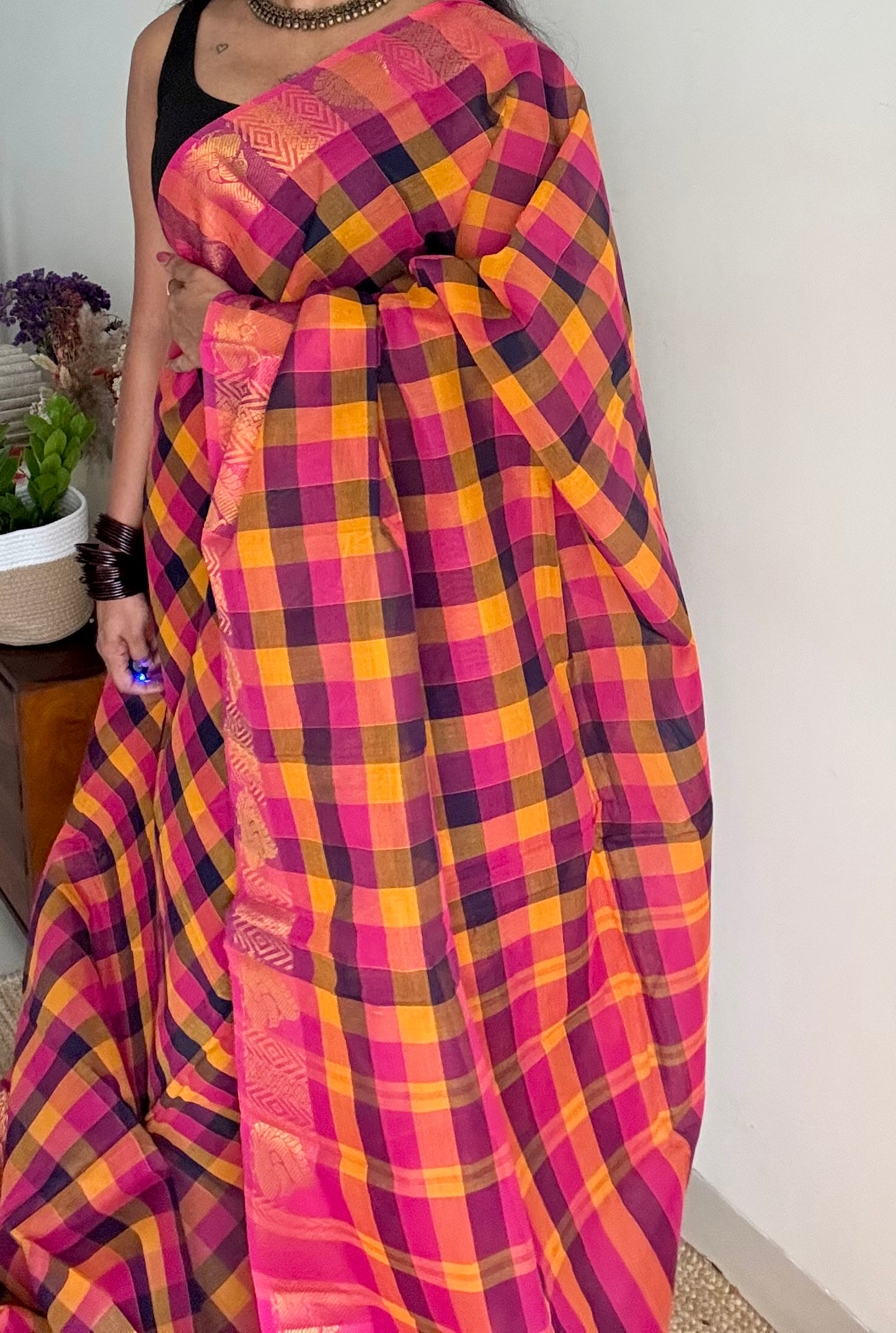 Multicolour Chettinad cotton saree with paalum pazhamum checks (hot pink, yellow, navy, orange) - YCCOTNMA281