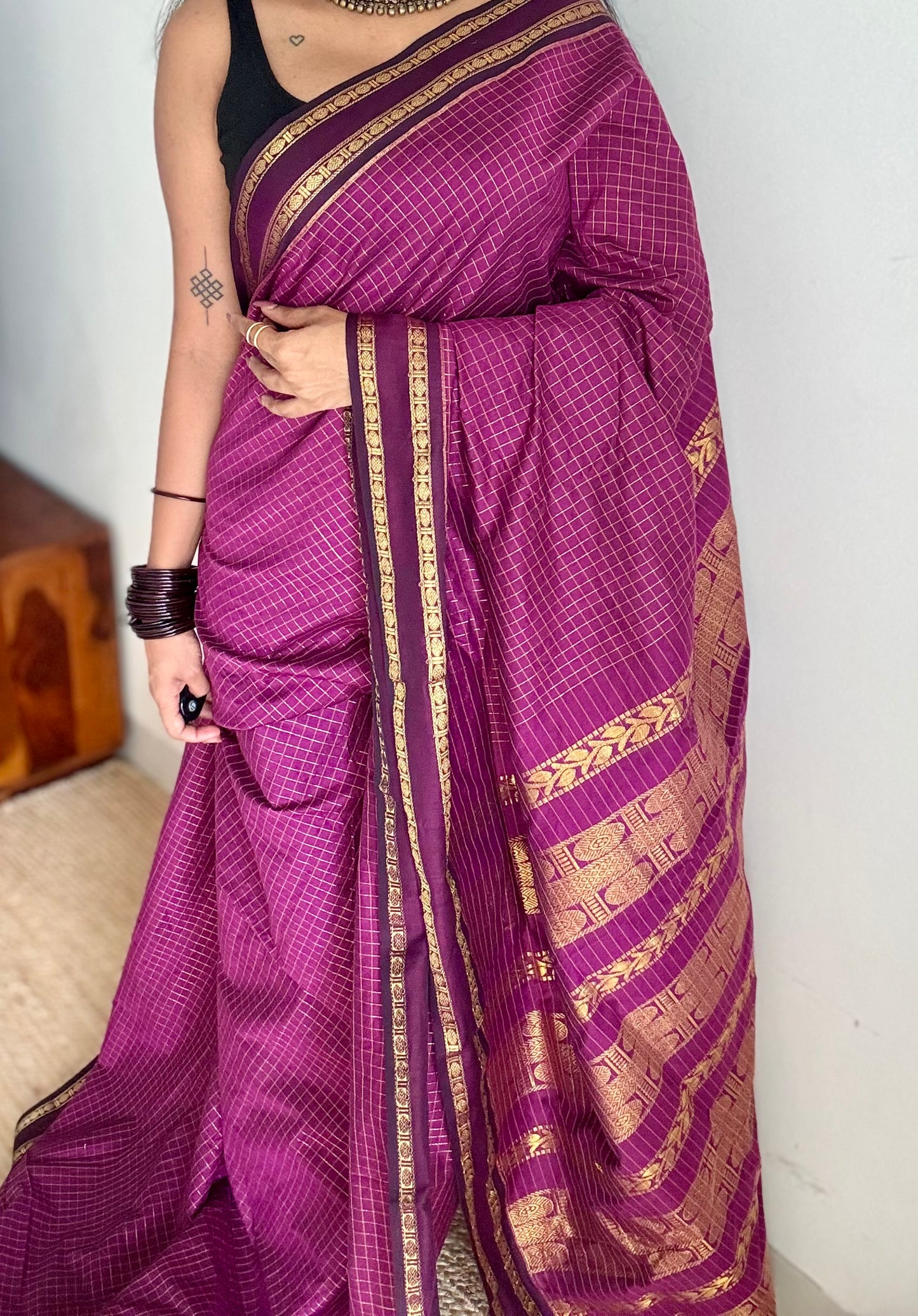 Grape wine, arani zari checks saree, cotton silk - YCCOTNAUG15