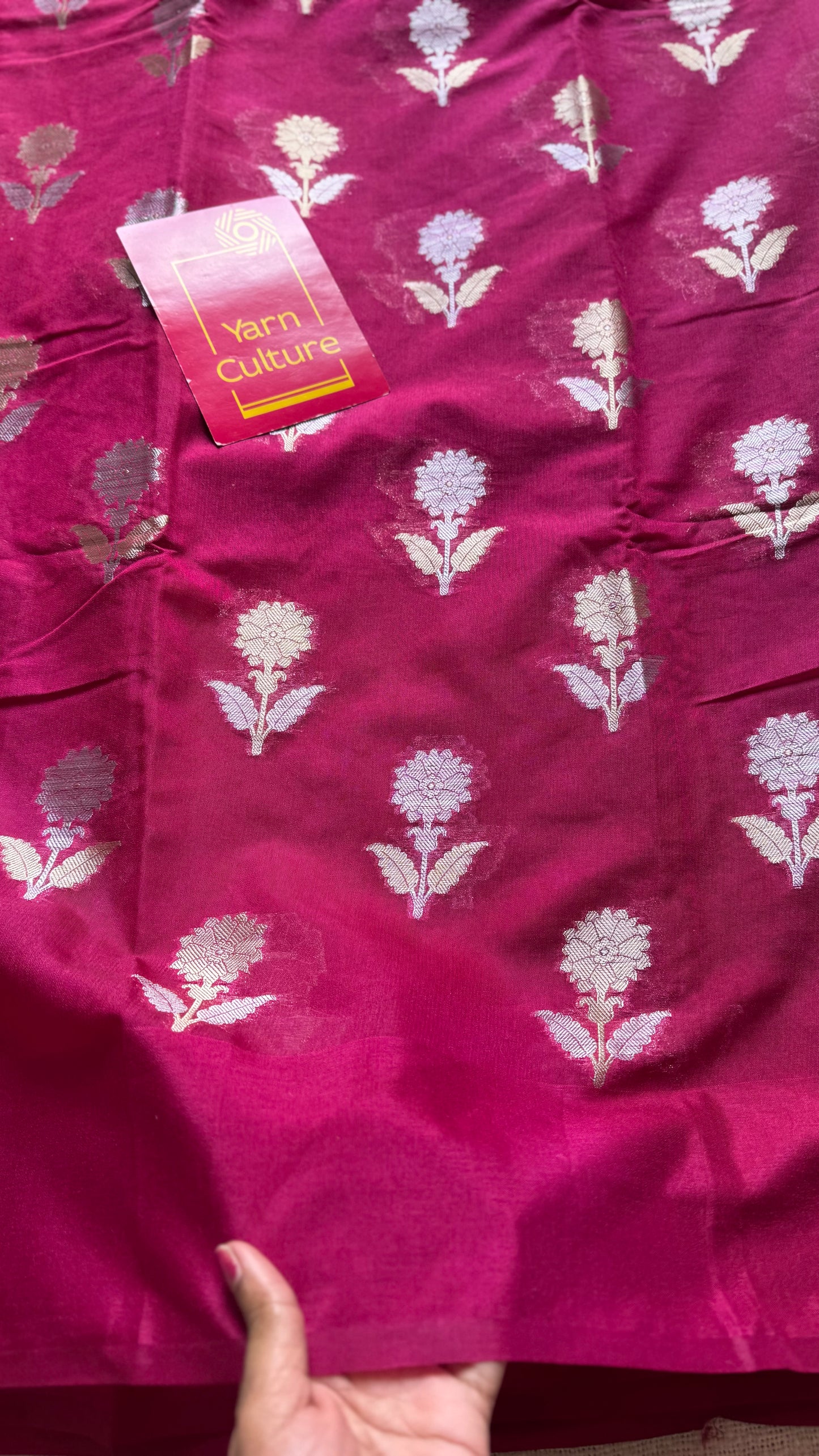Ruby with gold and silver floral buttas, Banarasi semi-crepe silk - YCDESE52