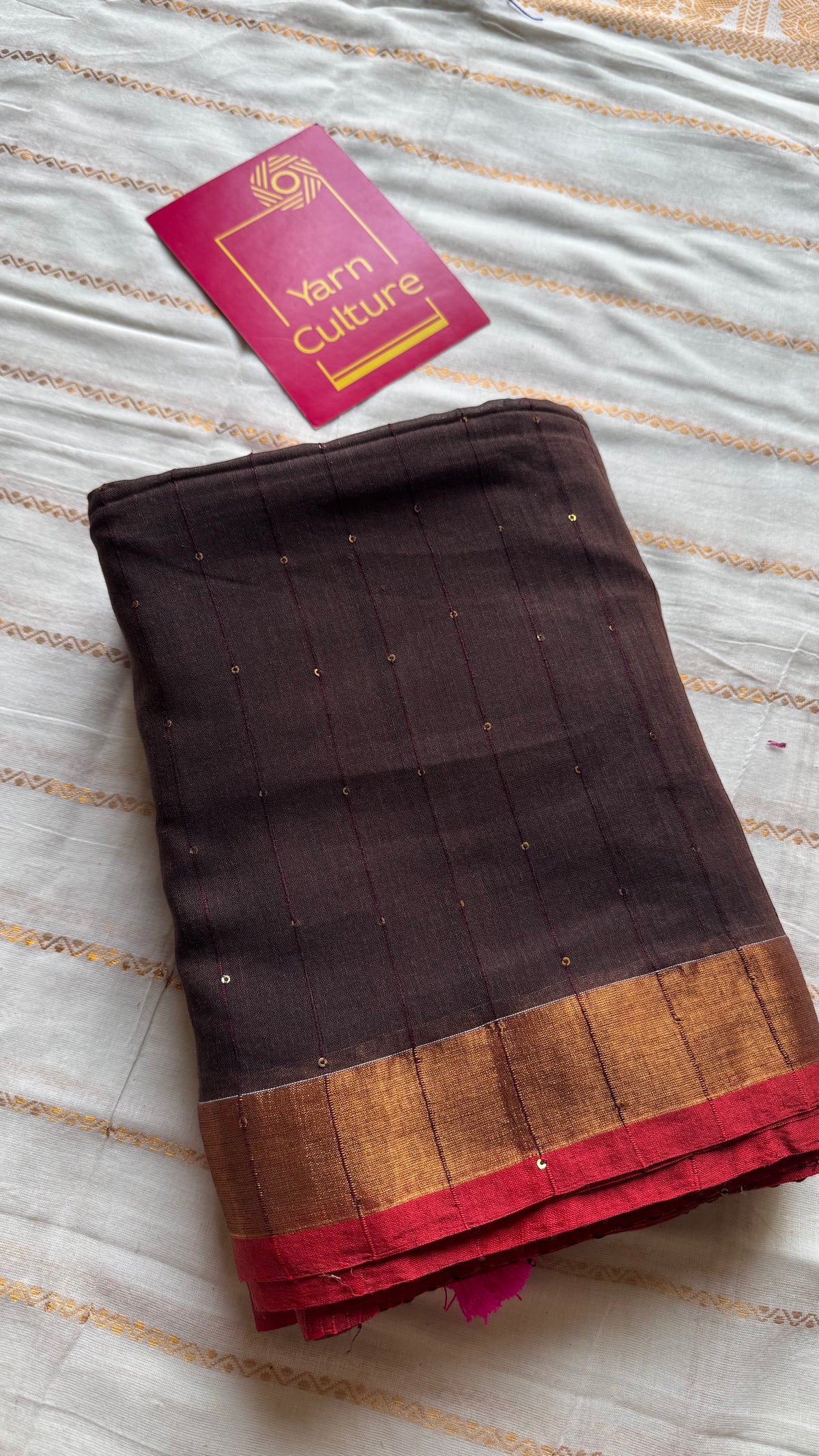 Brown mul cotton saree with sequins and zari border - YCBCMCSE33