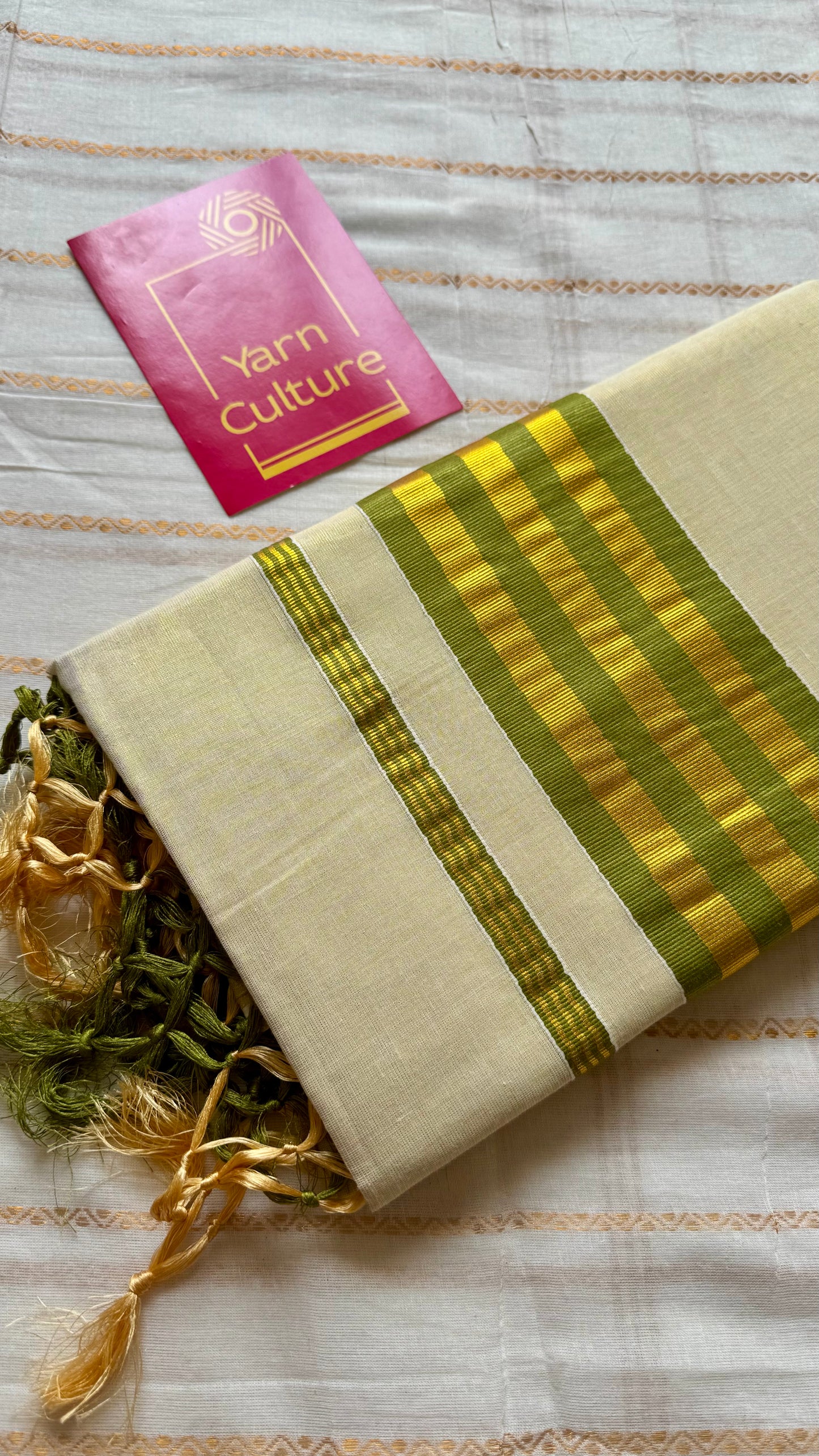 Ivory and gold soft tissue cotton saree, light green border - YCIEON65