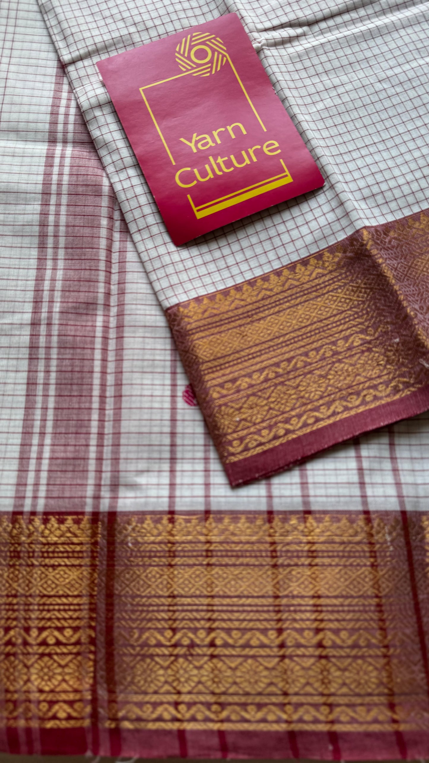 White and burnt red contrast, checkered Chettinad cotton saree - YCCOTNMA264