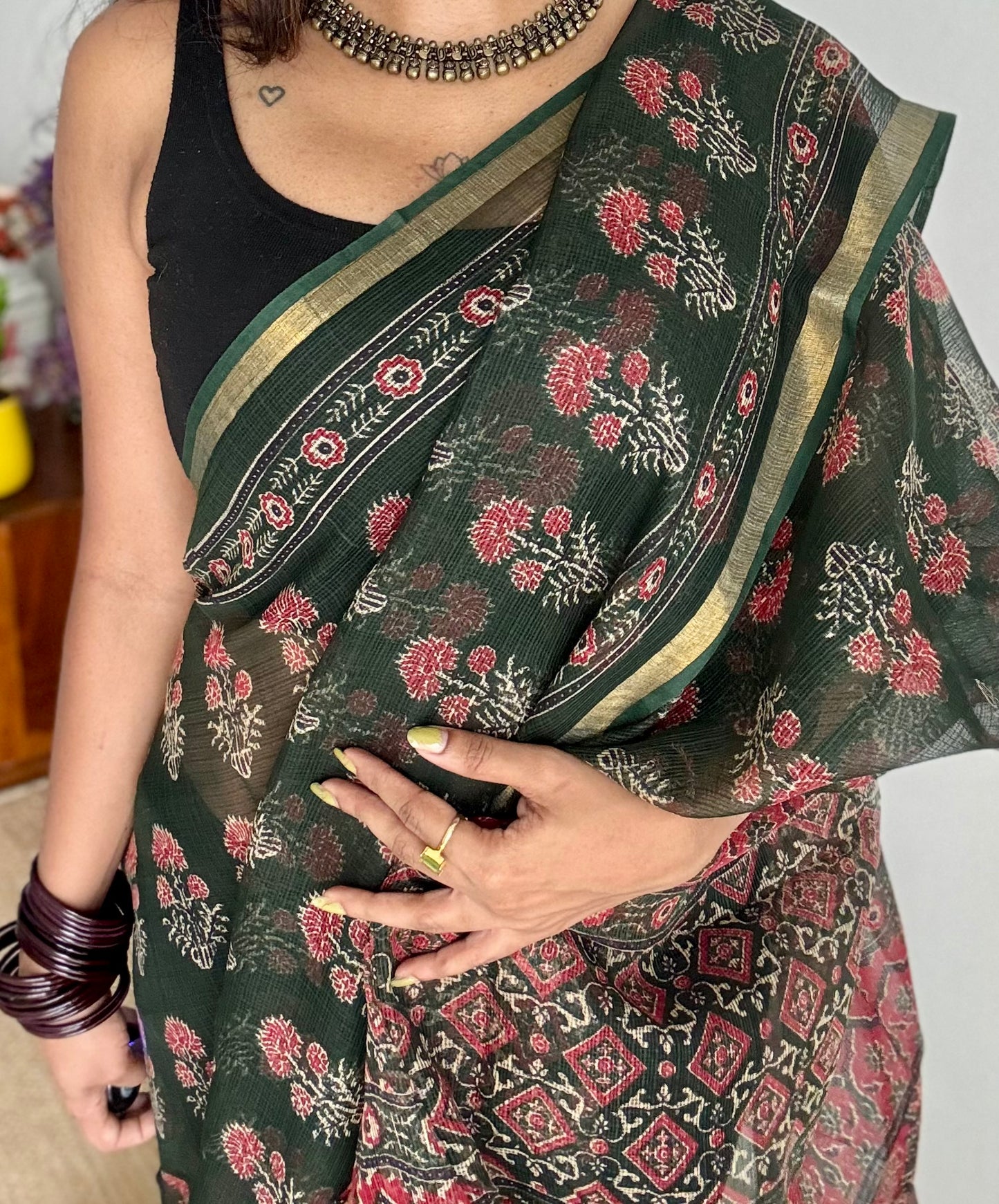 Mirchi Mix - dark green with red floral kota doria saree, with gold zari border - YCTORKDJU28