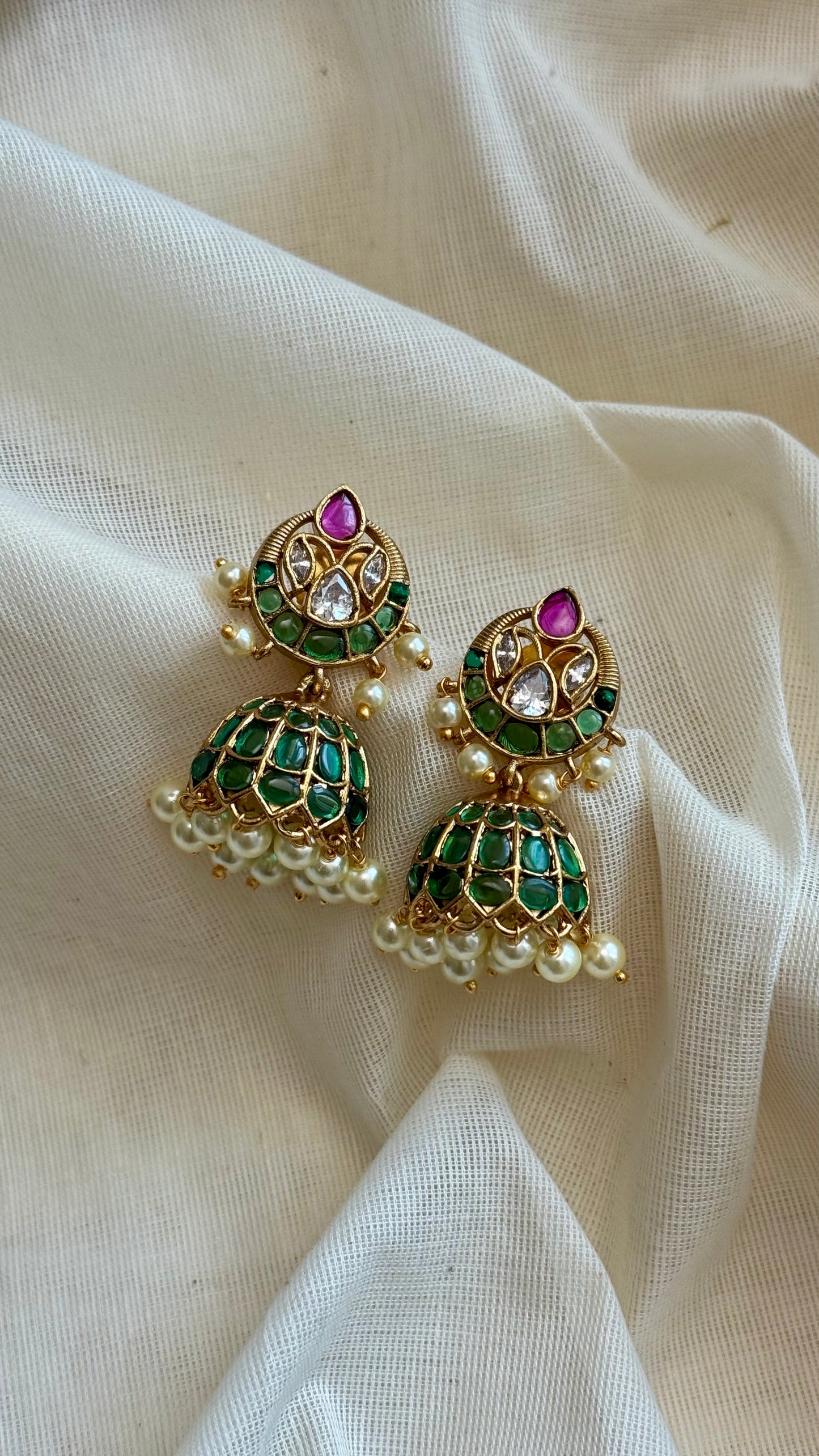 Ruby green white stone and pearls jhumka - YCGPER825