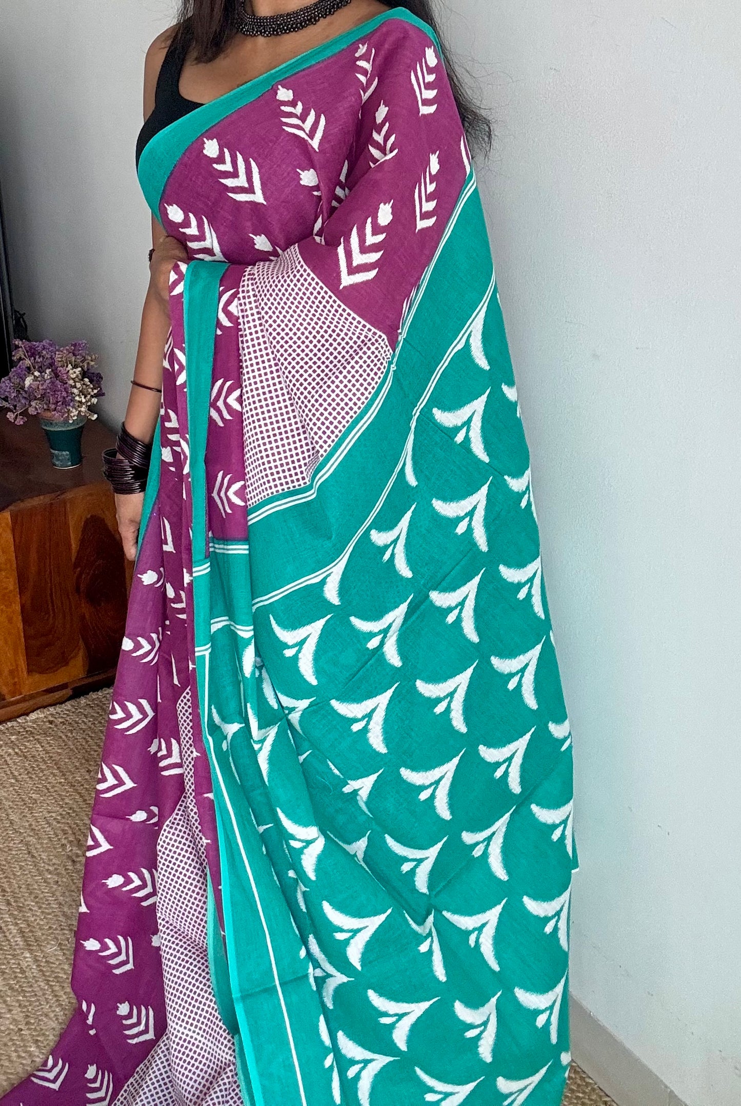 Magenta with turquoise green and white motifs, soft cotton saree - YCTORCMA06