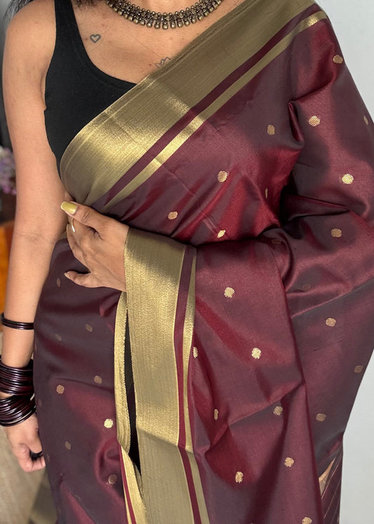 Maroon with antique gold border & buttas, semi katan silk - YCBLSSJA17