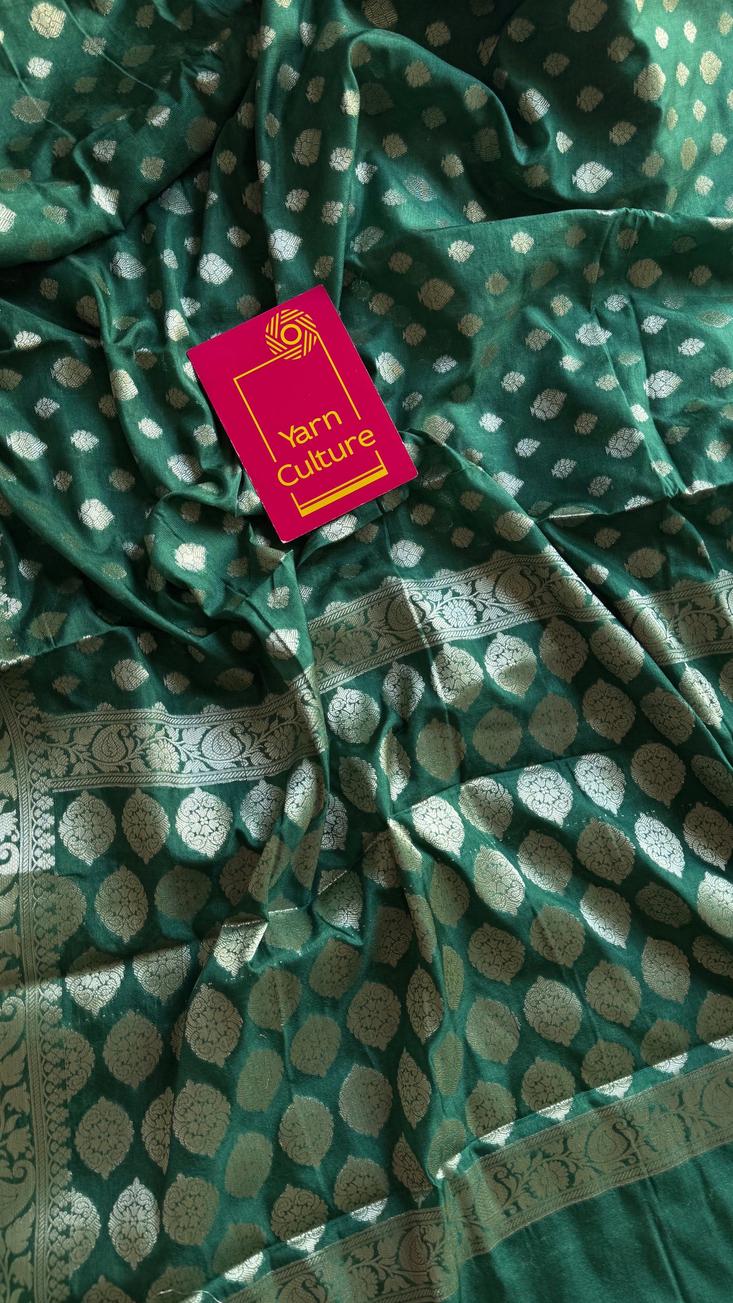 Bottle green, silver buttas and zari, Banarasi semi-silk - YCDESE40