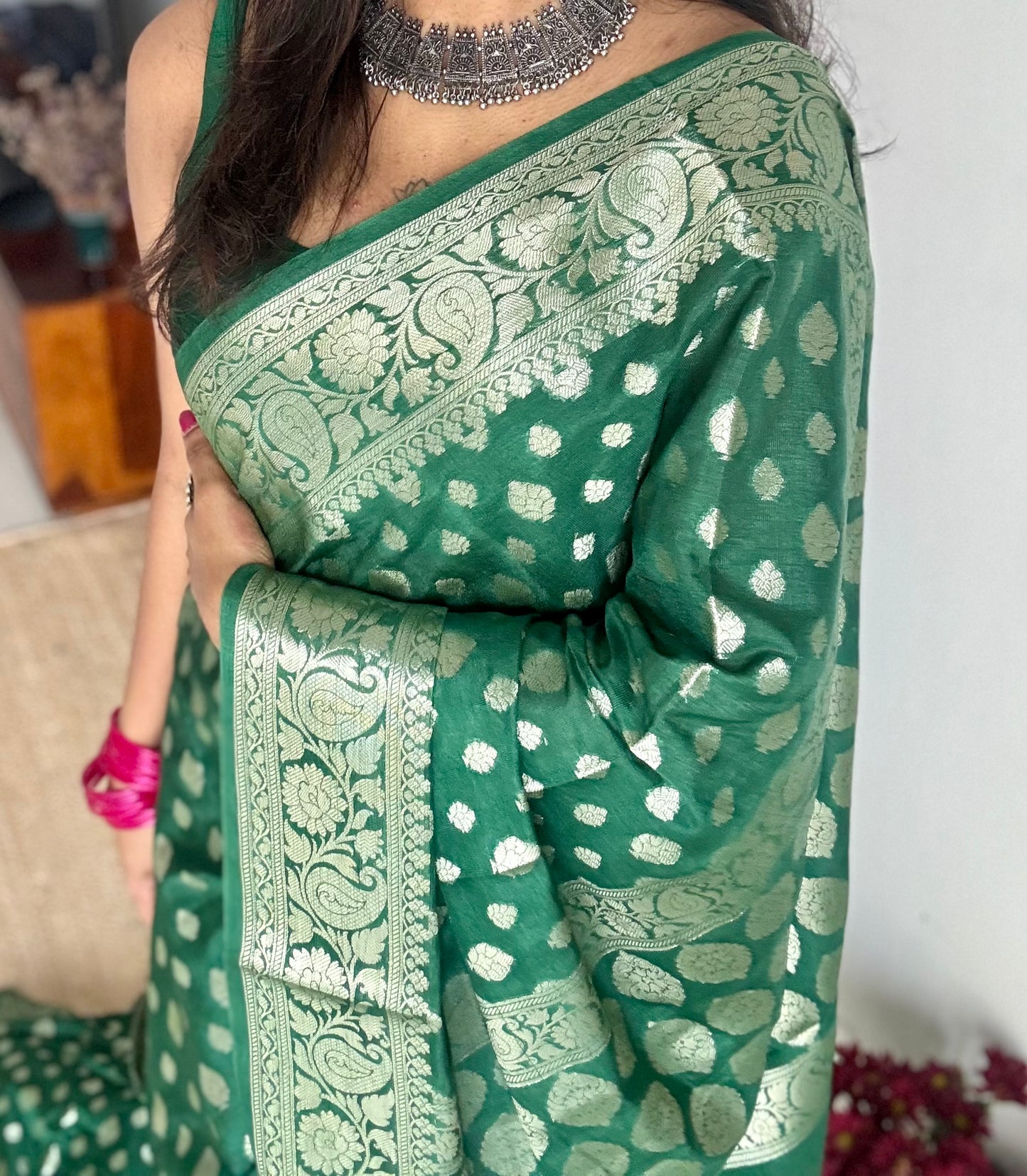 Bottle green, silver buttas and zari, Banarasi semi-silk - YCDESE40