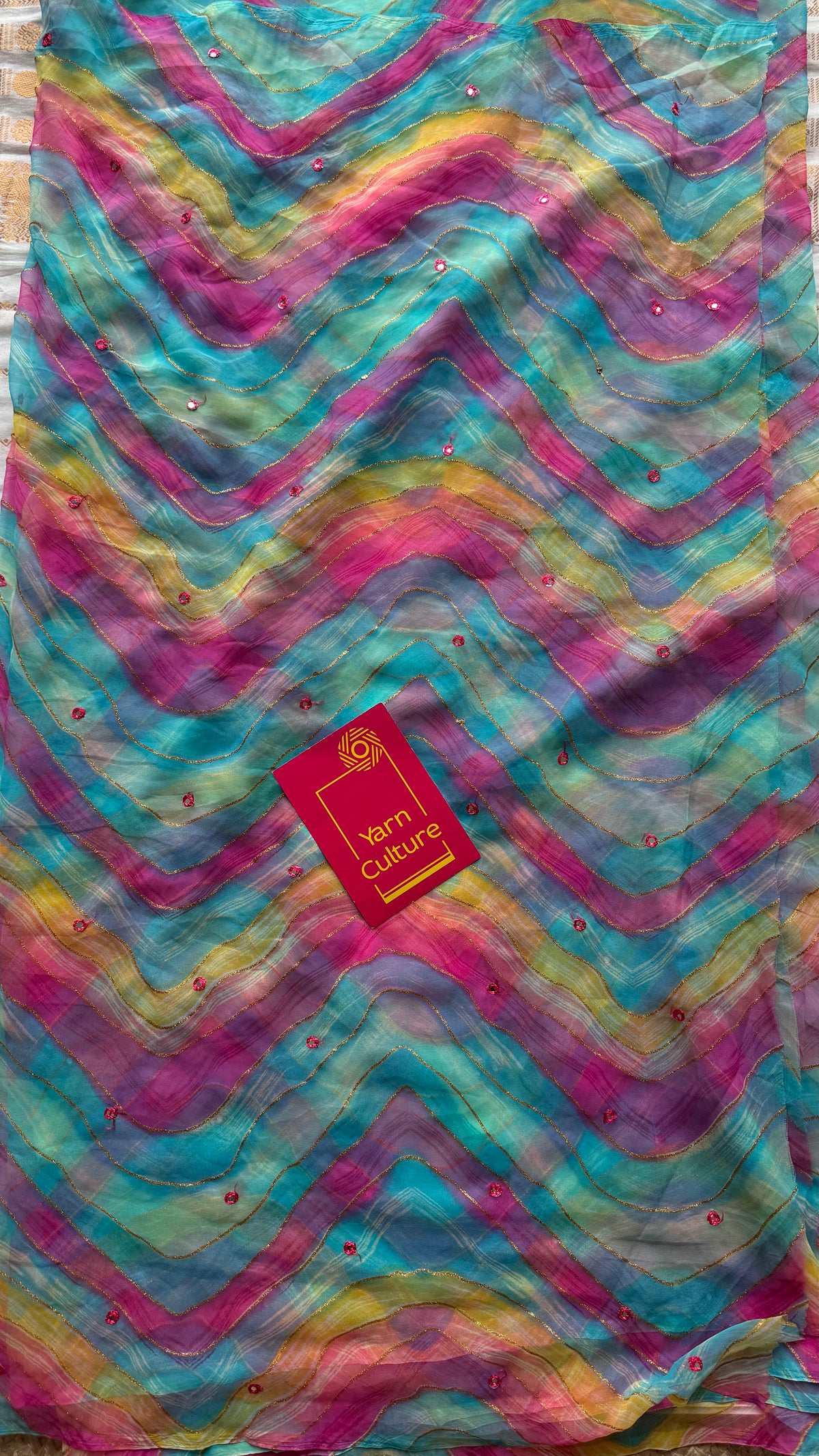Blue multicoloured leheriya chiffon saree with mirror work  - YCTORLOC94