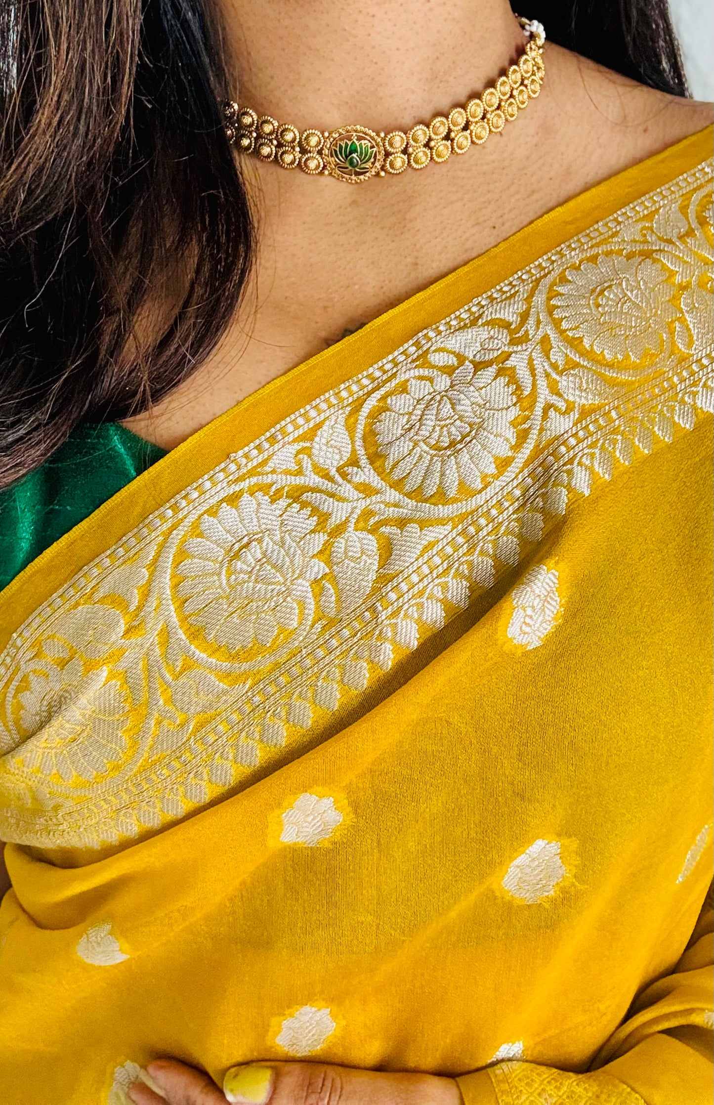 Double layered coin neckpiece with green lotus pendant, with earrings - YCGPNP626